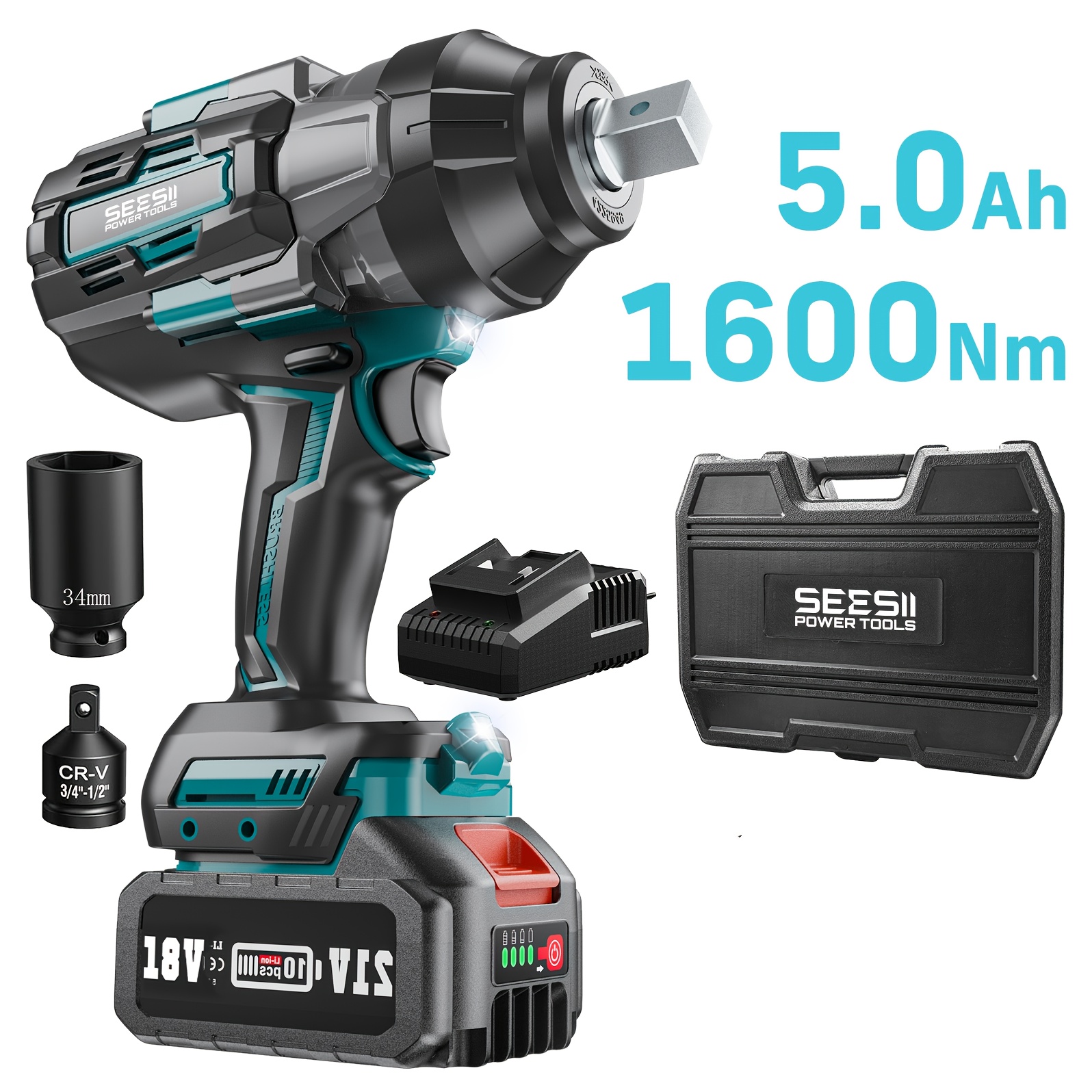 Image of Seesii 1600n.m 1180ft-lbs High Torque 3/4 Inch Impact Wrench, Brushless Impact Wrench W/ 2×5.0ah Battery & Fast Charger, Electric Impact Wrench For Truck, Heavy-duty Project