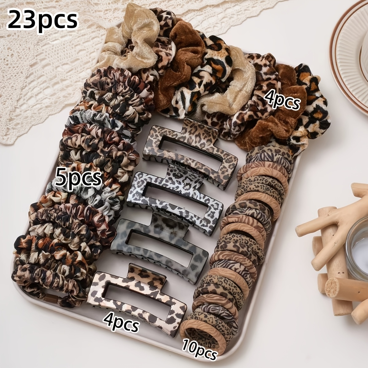 TEMU 23pcs Women's Vintage Leopard Print Hair Accessories Set, Velvet Scrunchies, Thin Hair Ties, Hollow-out Rectangular Claw Clips, Versatile Hair