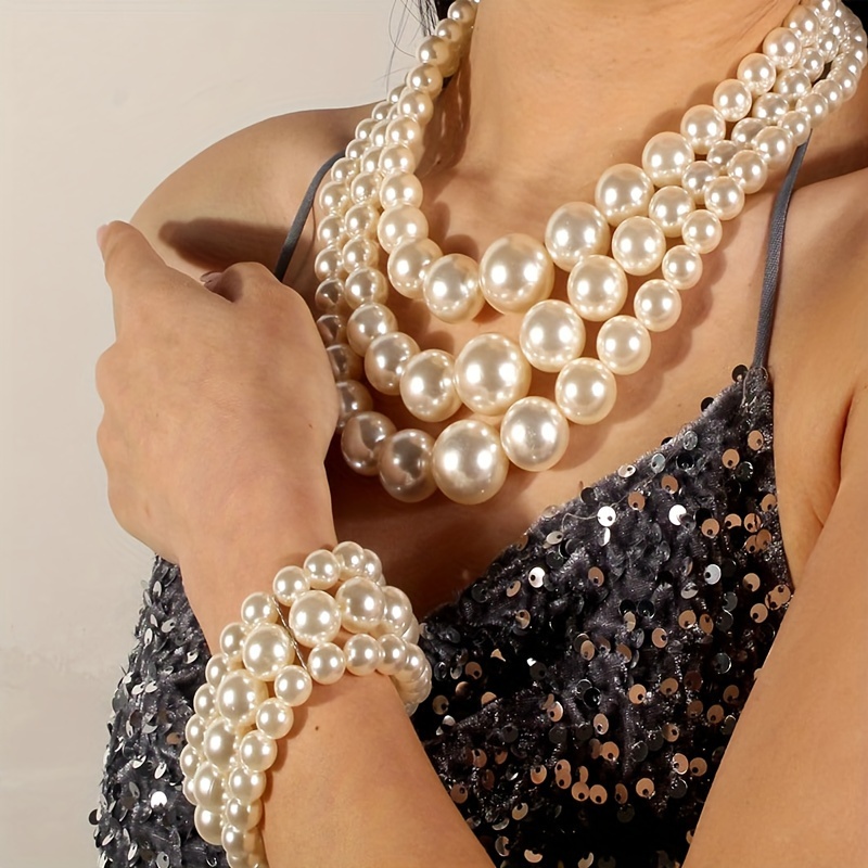 

2pcs Women's 3 Layer Imitation Pearl Statement Necklace Bracelet Set