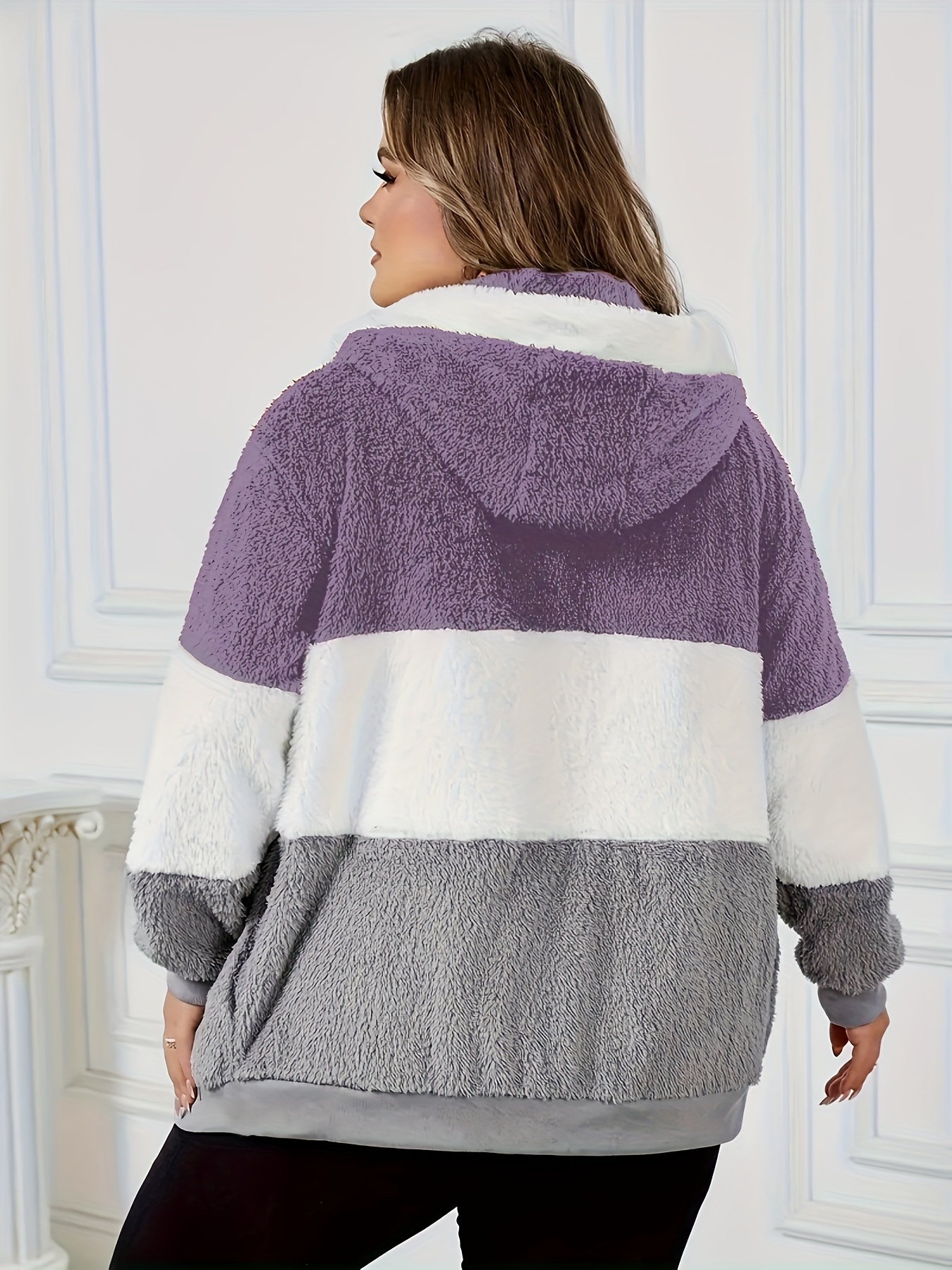 Chamarra elegante para mujer con capucha forrada en peluche y cierres metálicos, diseño color block, abrigo de invierno holgado, lavable en máquina, ropa exterior para clima frío en otoño e invierno, abrigos de invierno para damas, comodidad con forro de peluche