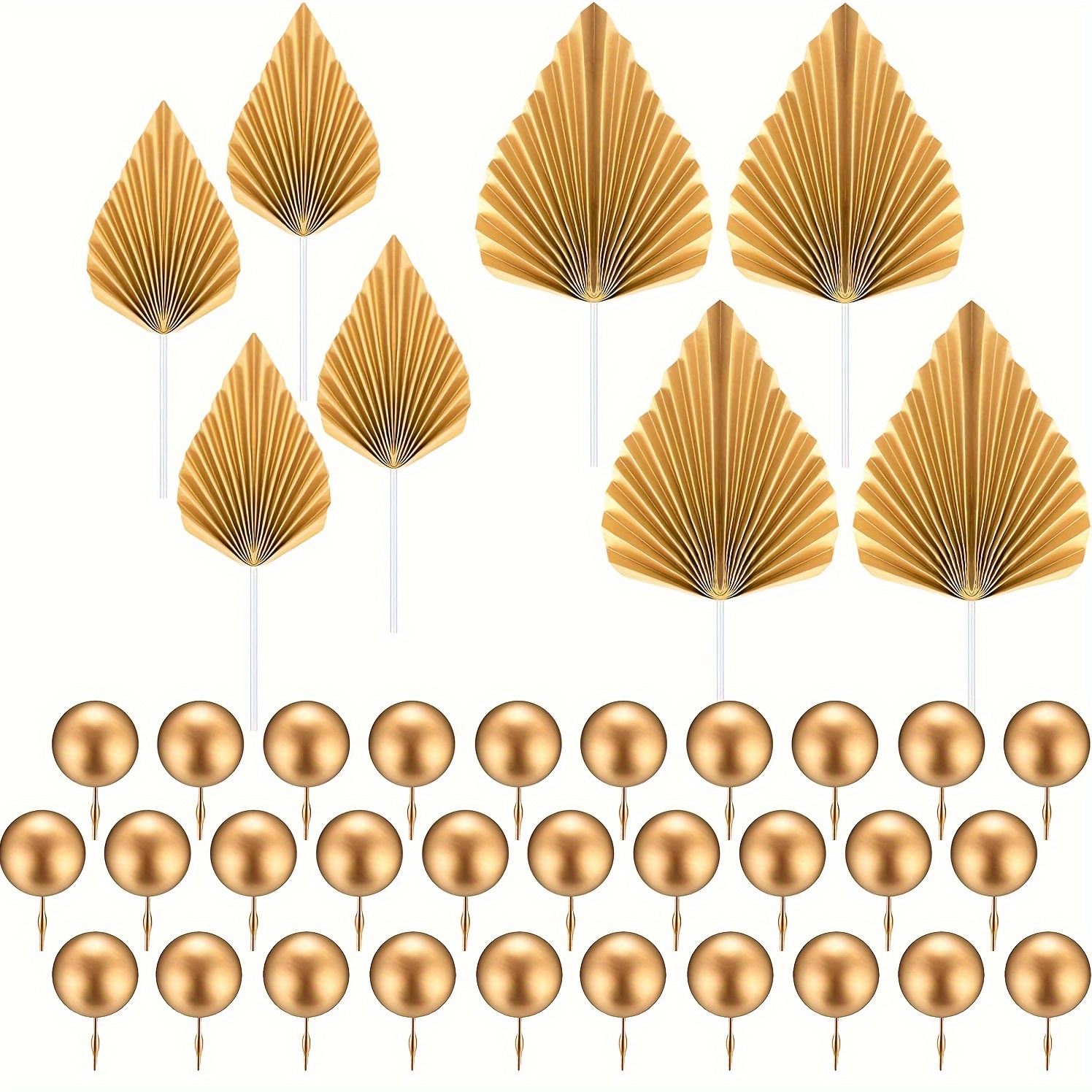 Set, 20 Golden Ball Cake Decorations, 4 Golden Palm Leaf Cake Decorations, Foam Ball Paper Palm Leaf Cake Plug-in Decorations, Birthday Cake Decorations, Wedding Party Decorations