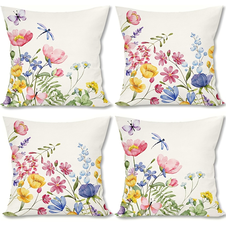 

4pcs Spring Farmhouse Decor Set - Linen Throw Pillow Covers With Zipper Closure, Machine Washable, For Home & Outdoor Use