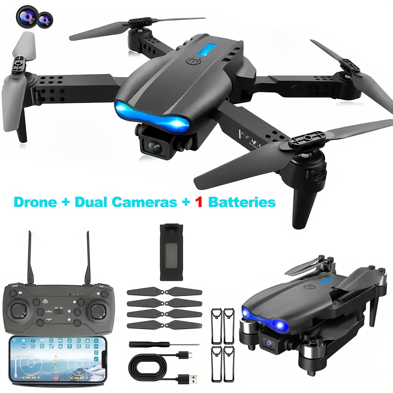 TEMU Drone With Camera For Adults Beginners Kids, Foldable Rc Drone, Toys Drone, 1080p Fpv Video, Carrying Case, Birthday Gifts For Men, Beginners,