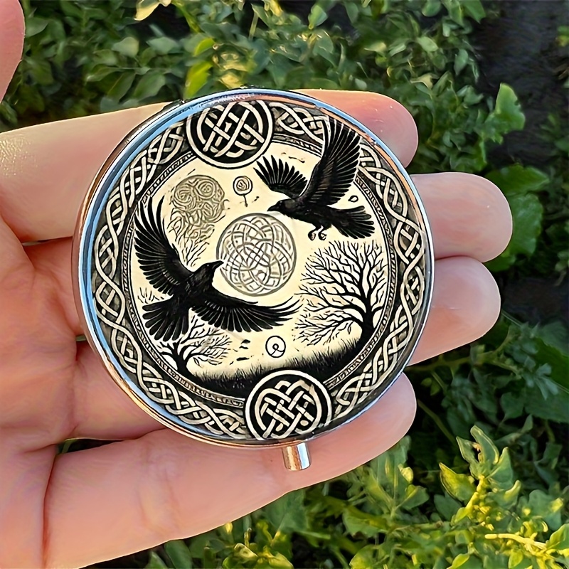Celtic Crow Round Medicine Box - Nordic Knot Pattern 3-grid Metal Storage, Portable , Unique Mysterious Style Gift