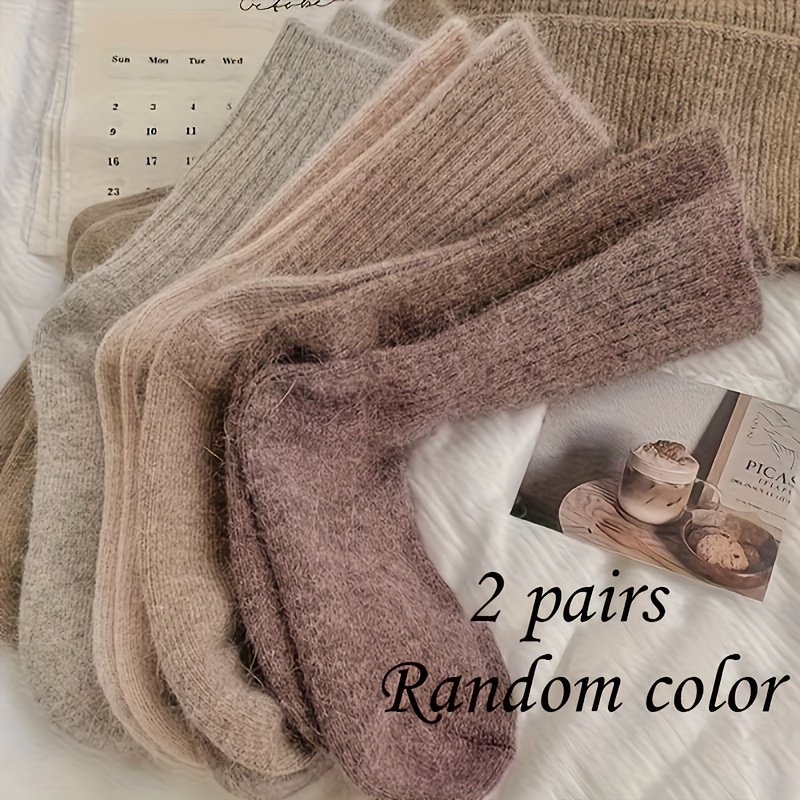 TEMU 2-pair Autumn/winter Chunky Yarn Double-needle Women's Mid-calf Socks, Random Colors. Thickened, Warm, And Soft With Vertical Stripes. Solid