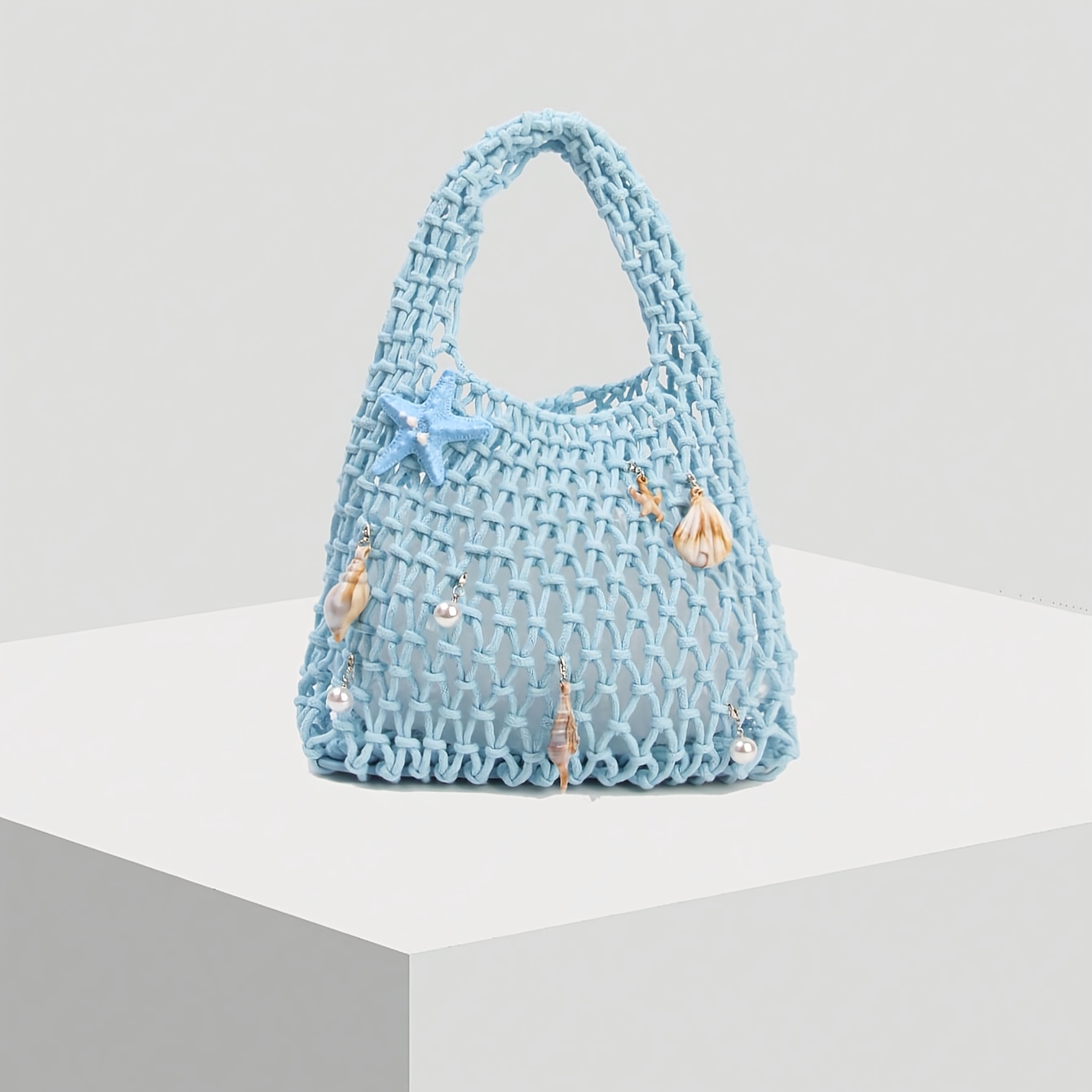 TEMU Single-pack Polyester Thread Crochet Mesh Eyelid Base Fabric Solid Rope-woven Tote Bag, Argyle Lightweight Portable Large Capacity , Quilted Bag