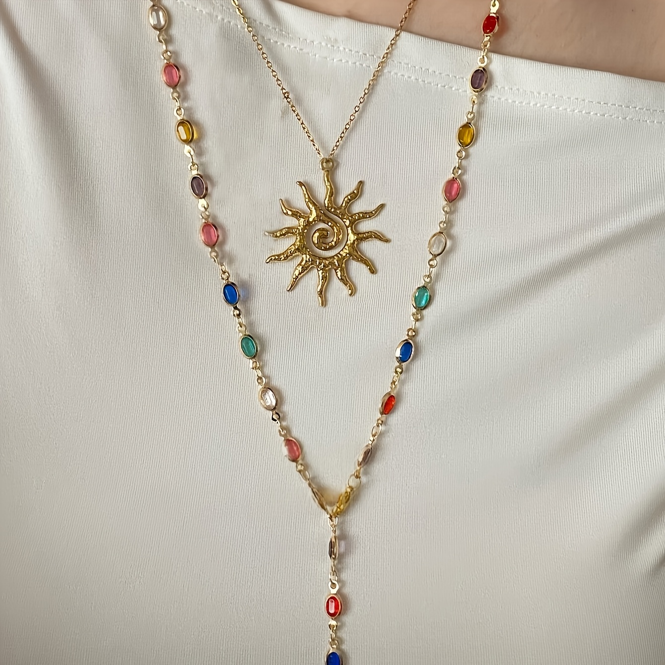 TEMU 2pcs Set Of Simple, Stylish, Trendy, And Elegant Colorful Rhinestone -shaped Necklace Set, Suitable For Women's Beach Vacations, Dinner Parties,