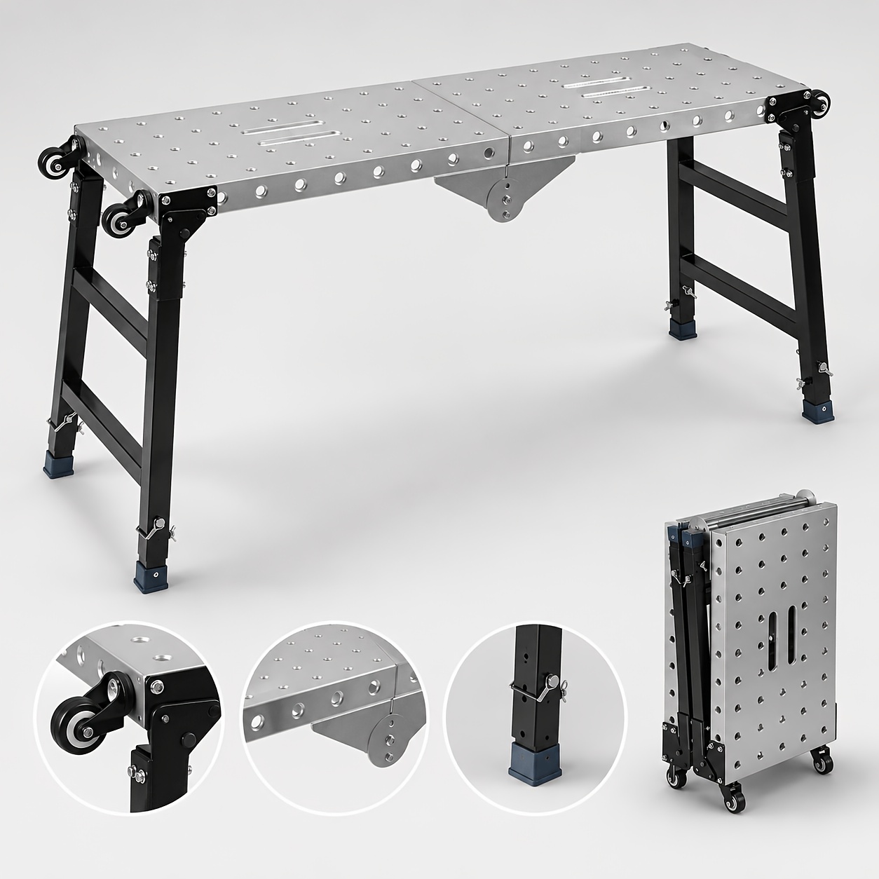 Image of Foldable Work Platform 120x36cm With Wheels Height Adjustable Workbench With 4 Height Settings 500kg Capacity Galvanized Stand For Painting Assembly Maintenance Workshop Renovation