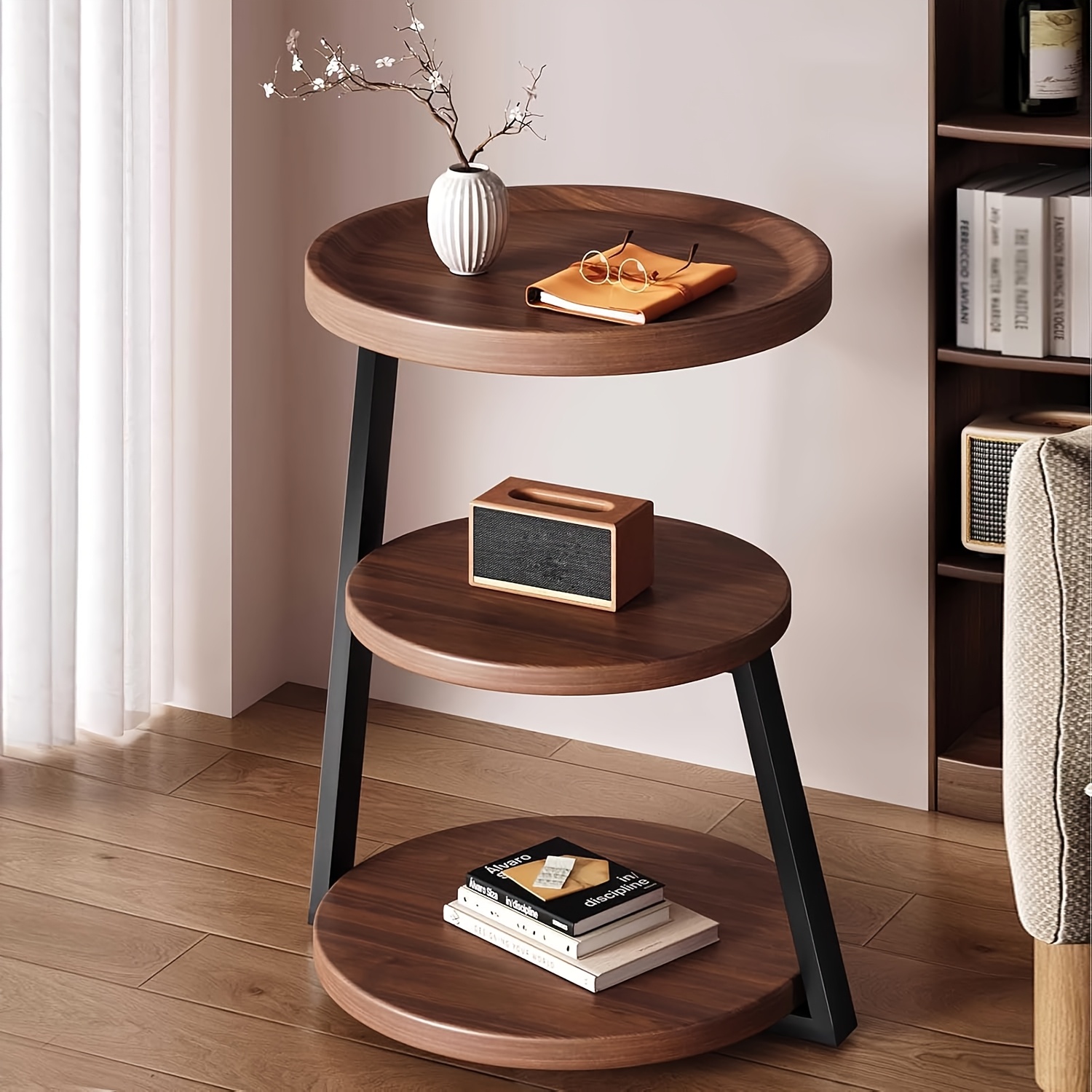 TEMU Side Table, Bedside Table, 3 Tier Storage Side Table, Modern Round Solid Wood Sofa End Table With Anti-drop Tray And Carbon , Suitable For