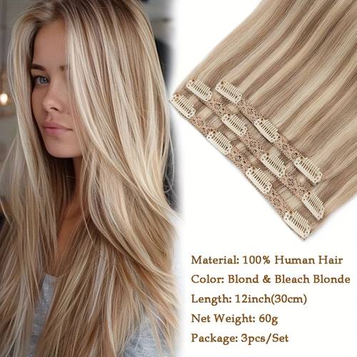 black friday christmas 3pcs lace clip in hair extensions thick real human hair clip in extensions brown and blonde highlight double weft hair extensions for women