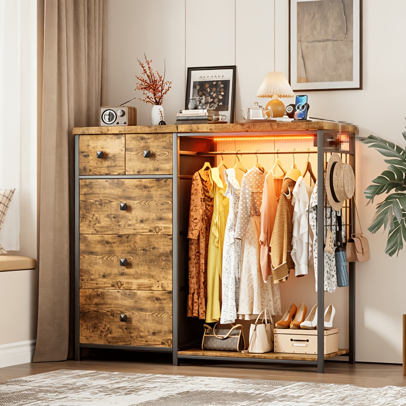 Chest Of Drawers With Clothes Rack, 5 Deep Drawers, Chest Of Drawers, Wooden Clothes Rack, Golden Metal + Wood Frame, Suitable For Bedroom, Hall And Living Room, 125x38x120cm