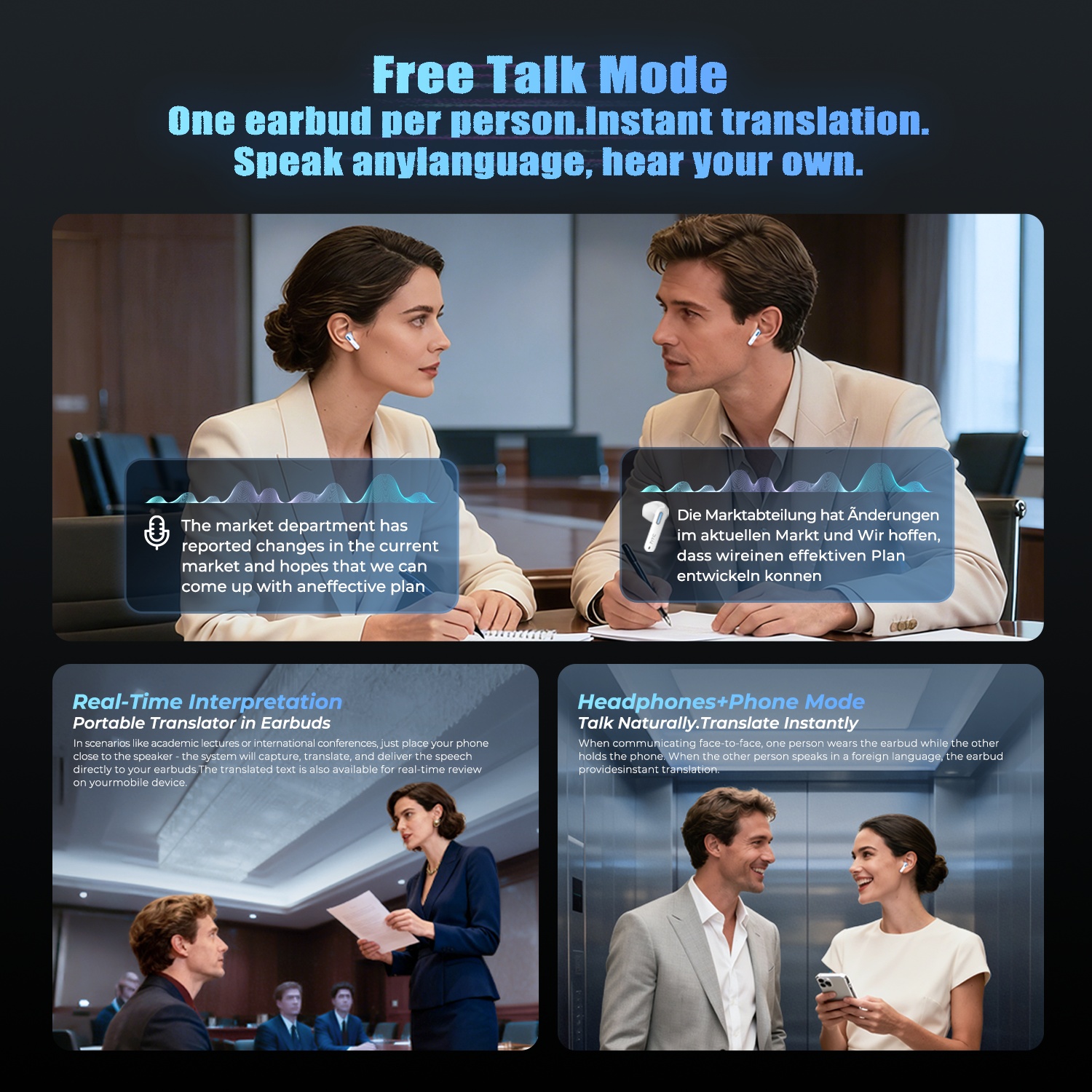 Écouteurs traducteurs sans fil HTC NE49 TWS avec traduction multi-langues, son HD, suppression du bruit, micro intégré, rechargeables par USB, batterie