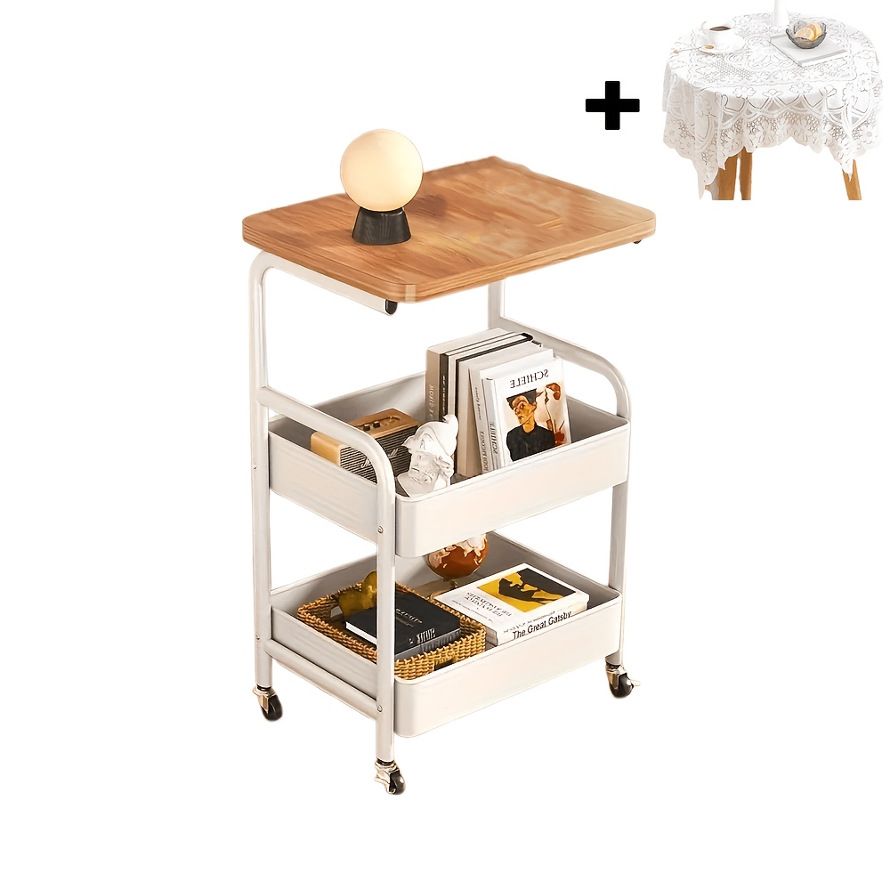 TEMU 3-tier Rolling Storage Cart With Wooden Top And Wheels Metal Tool And Snack Rack With Storage -ideal For Kitchens, Bathrooms, Homes, Or Offices