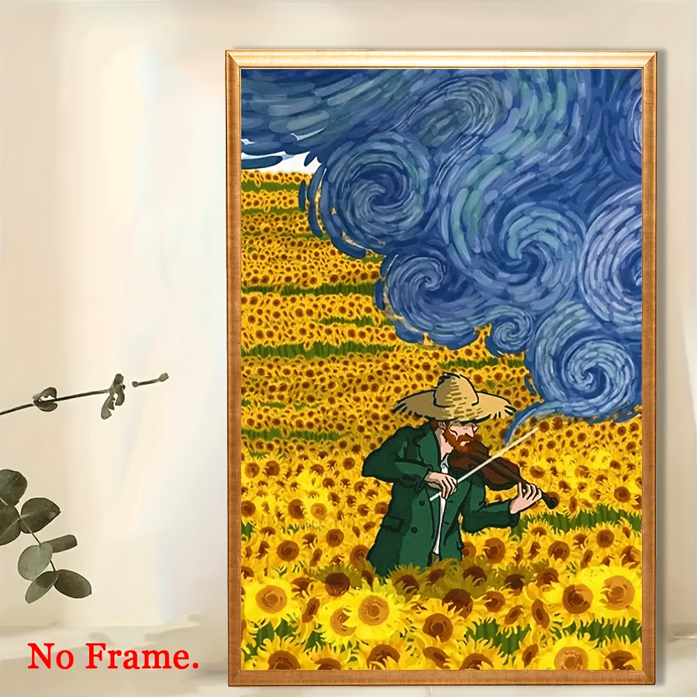 印象派風 花畑 絵画 大きめ 木製フレーム付き（農業風景 丸い