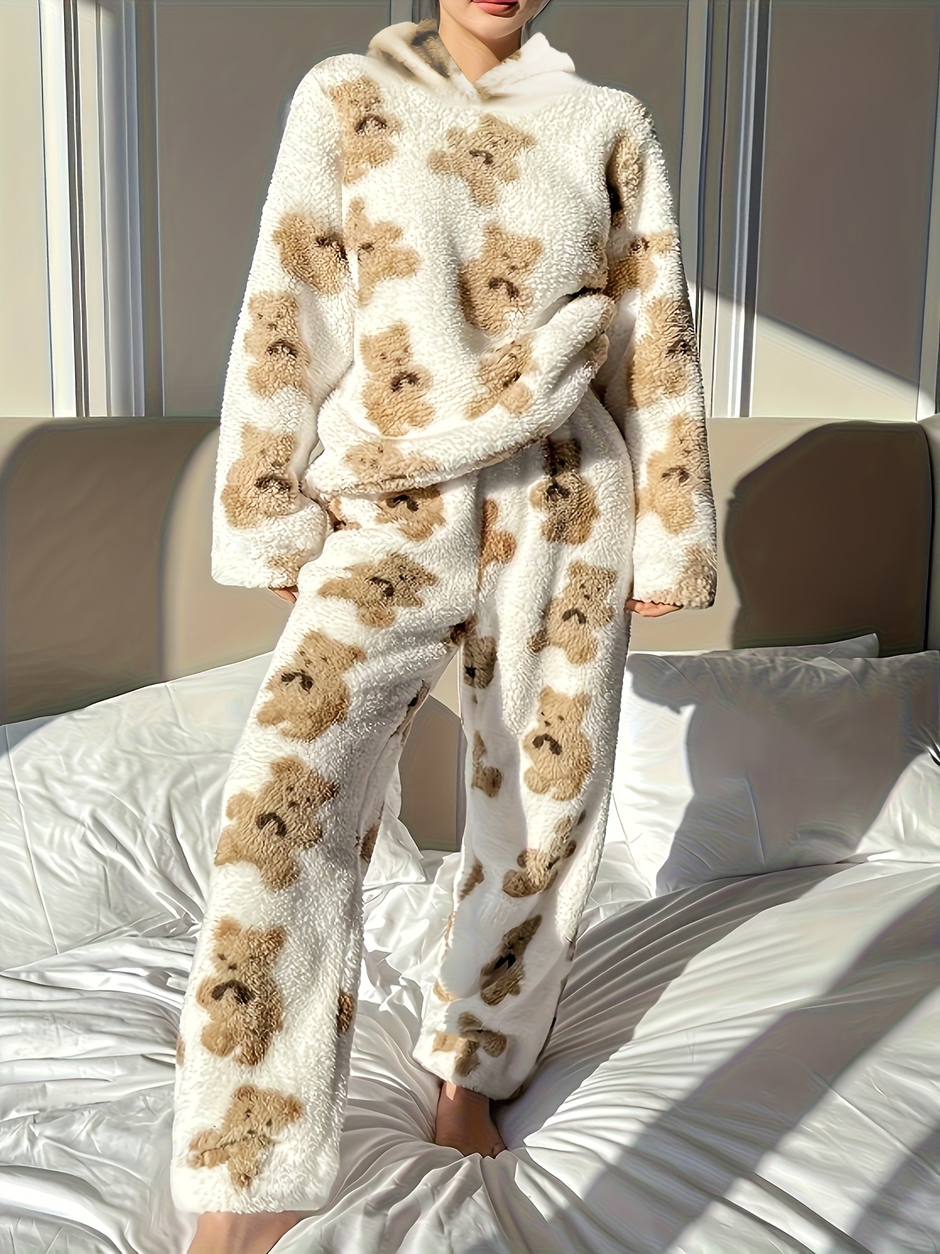 new autumn winter womens fashion set cute bear print plush warm hooded long sleeve top and straight leg loose fit printed pants comfortable and relaxed for home and daily wear