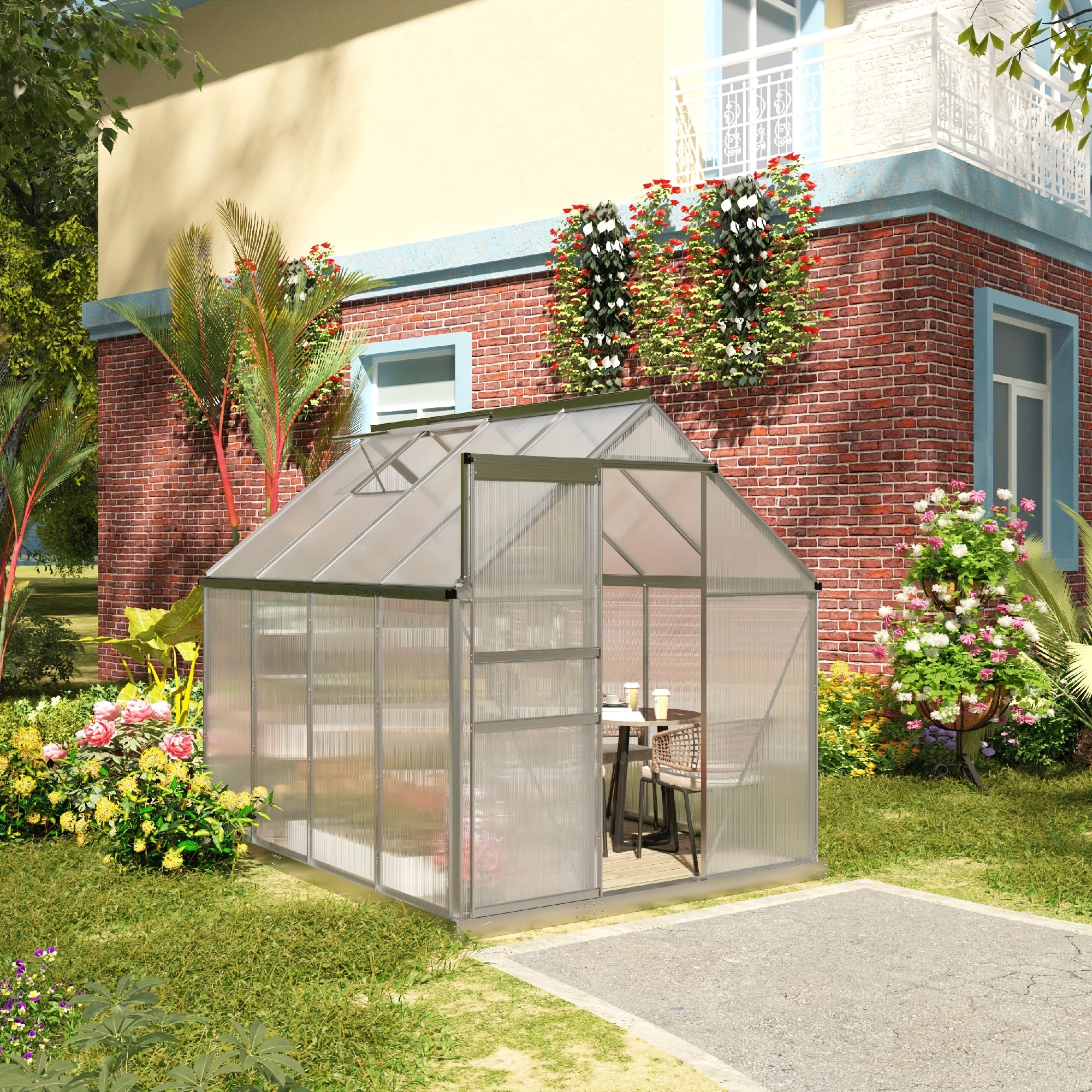 TEMU Serre en polycarbonate de 6' X 8' X 6.5', serre à entrée avec ventilation de toit réglable, base galvanisée, porte coulissante et gouttière pour