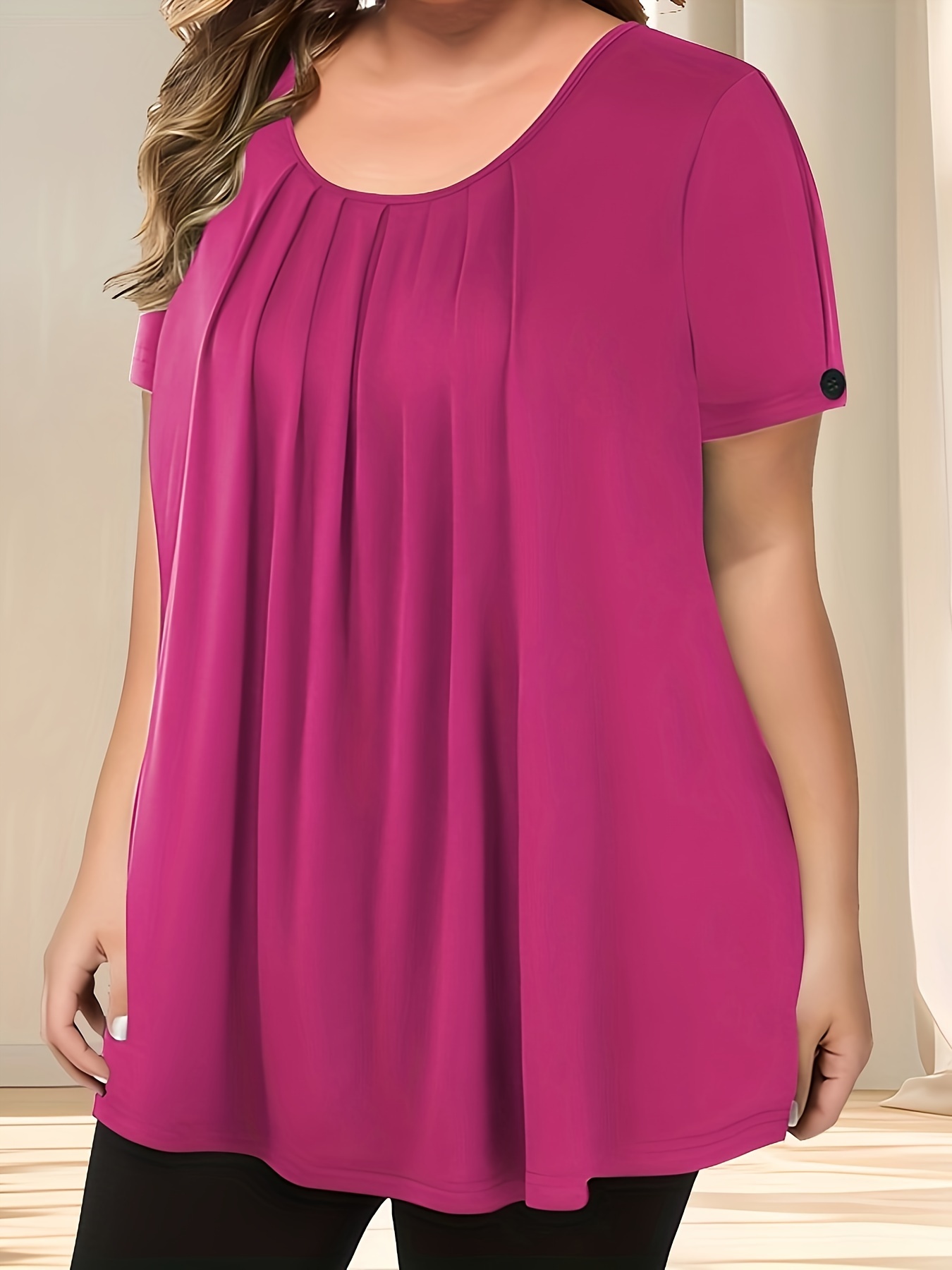 Women'S Casual Crew Neck Short Sleeve Blouse, Solid Color Plus Size, Lightweight Polyester with Subtle Stretch, Flared Hem, Spring/Summer Fashion Top, Casual Wear Blouse | Elegant Plus Size | Simple Eleganc