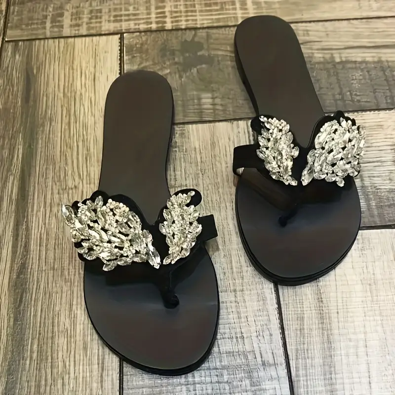 womens fashion rhinestone embellished flat sandals solid color slip on flip flops with fiber and corduroy upper pvc inner and insole open toe casual summer shoes details 3