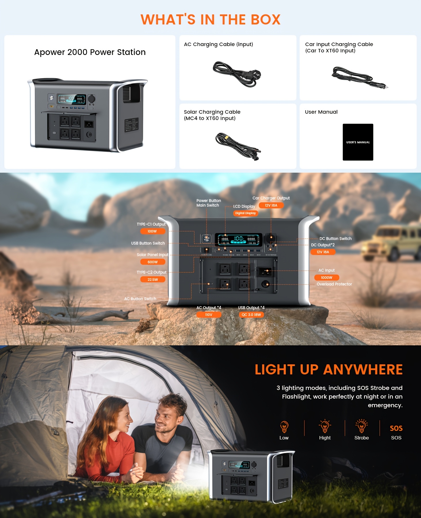 2400w 1600w 500w portable power station ap2000 2048wh 2400w   1024wh 1600w ap400 345wh 500w power bank lifepo4 battery ups function 200w 100w foldable solar panel camping equipment solar generator Product details 0