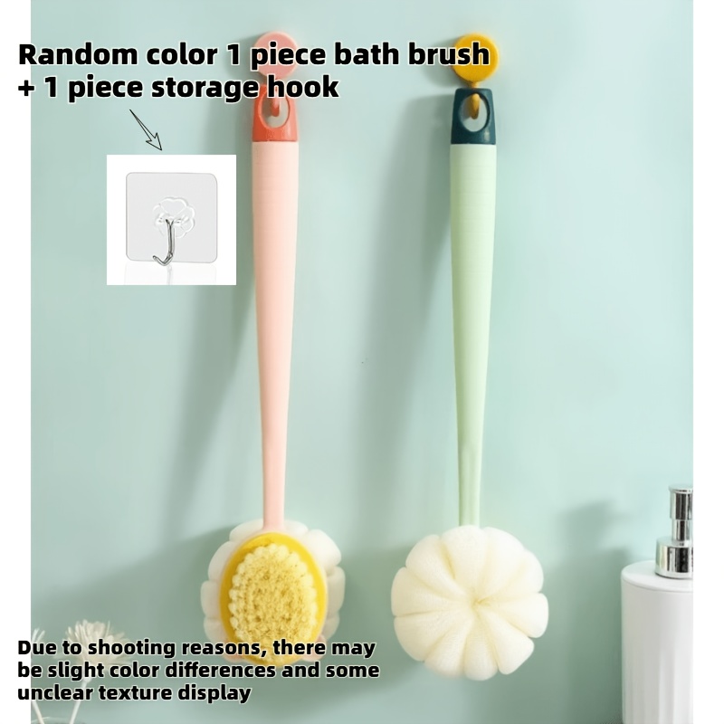 Image of 2pcs Set: Extended Loofah Back Brush With Long Handle Shower Body Brush (1 Bath Brush In Random Color) + 1 Storage Hook. Features Soft Mesh Sponge For Exfoliating And Massaging Women During Bathing.