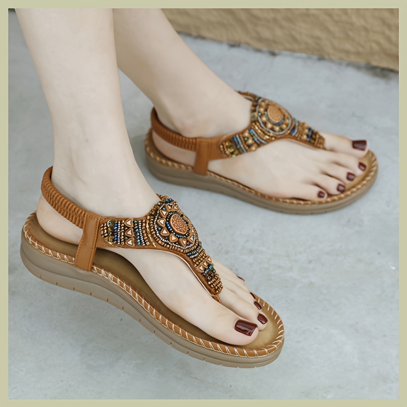 Women'S Flip-Flops, Bohemian Comfortable Beaded Beach Vacation Plus Size Flat Shoes, Women Shoes