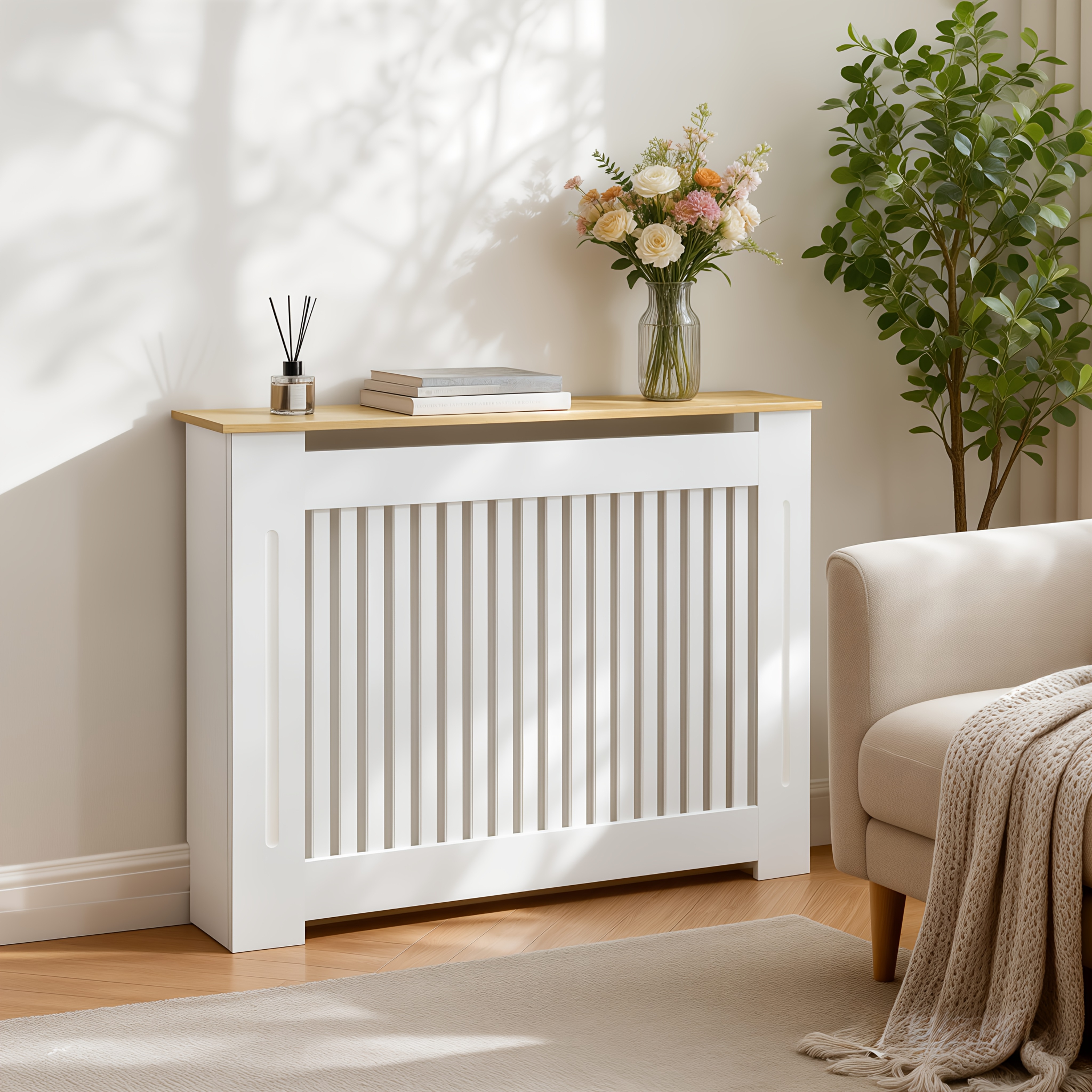 TEMU External 83cm High Radiator Cover Wood Cabinet Height With Natural Wood Effect Shelf Top Small Heater Covers Internal 90cm Vertical Slats Modern