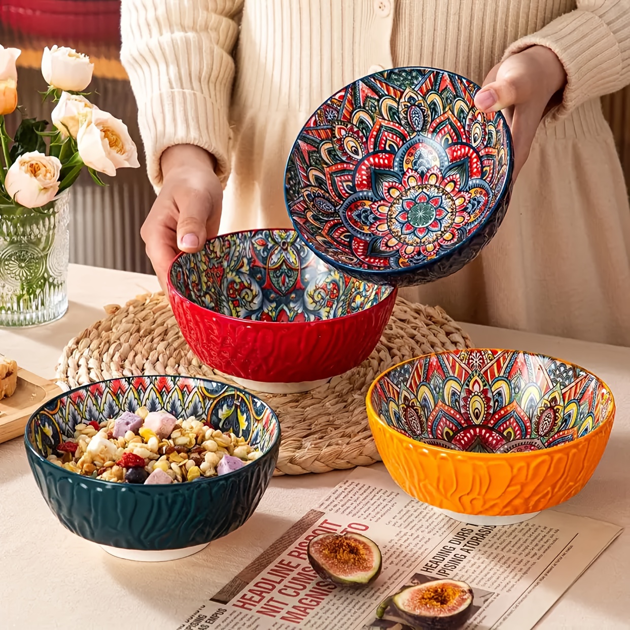 TEMU Set Of 4 Vintage-style Ceramic Bowls With A , Featuring Wavy Edges And Measuring 6.5 Inches, Perfect For Serving Pasta, Oatmeal, Soup, Noodles,