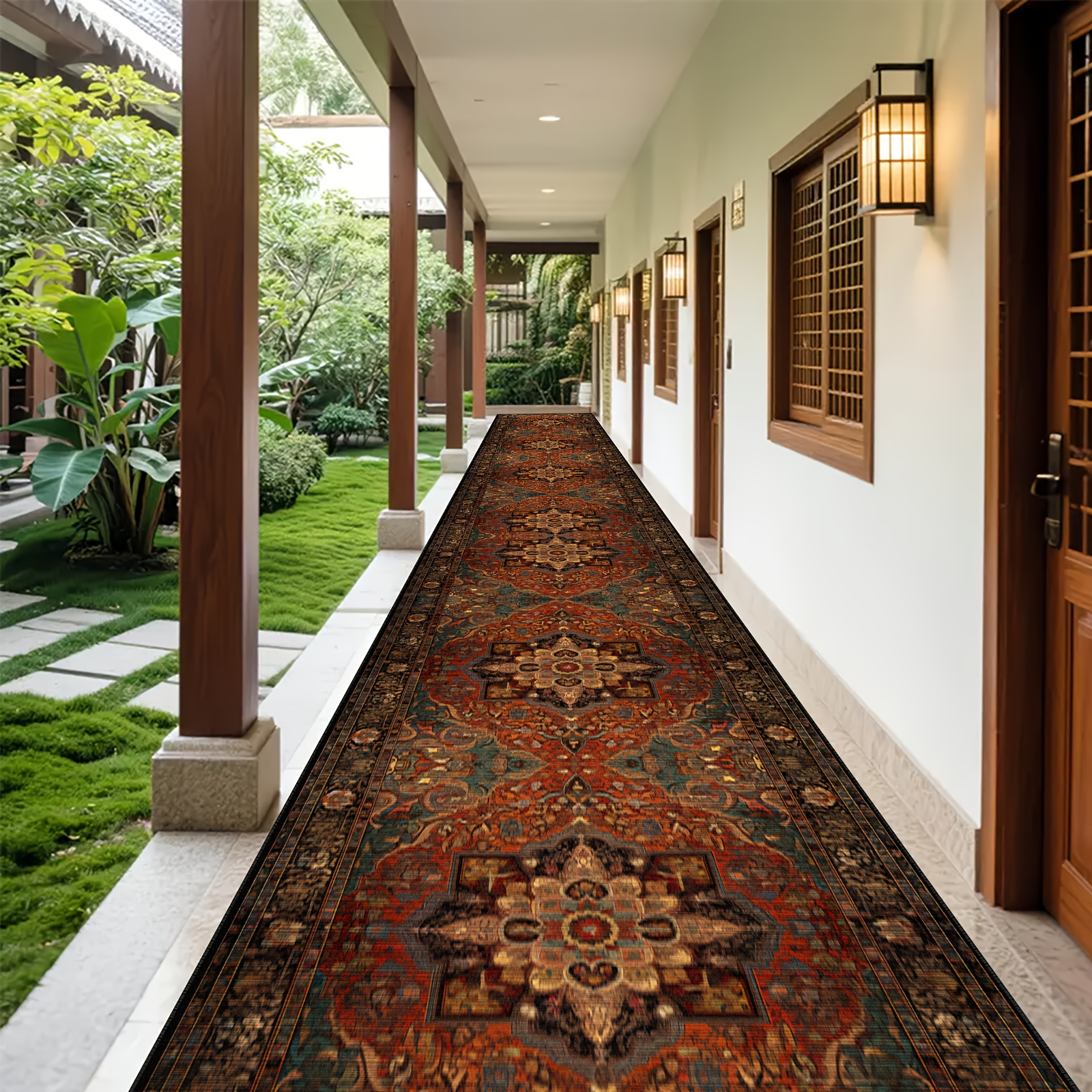 TEMU [golden Diamond Velvet] 1pc, Dark Red, Persian Style Floral Pattern Texture, Long Strip Indoor Outdoor Use Carpet, Soft Comfortable Exquisite