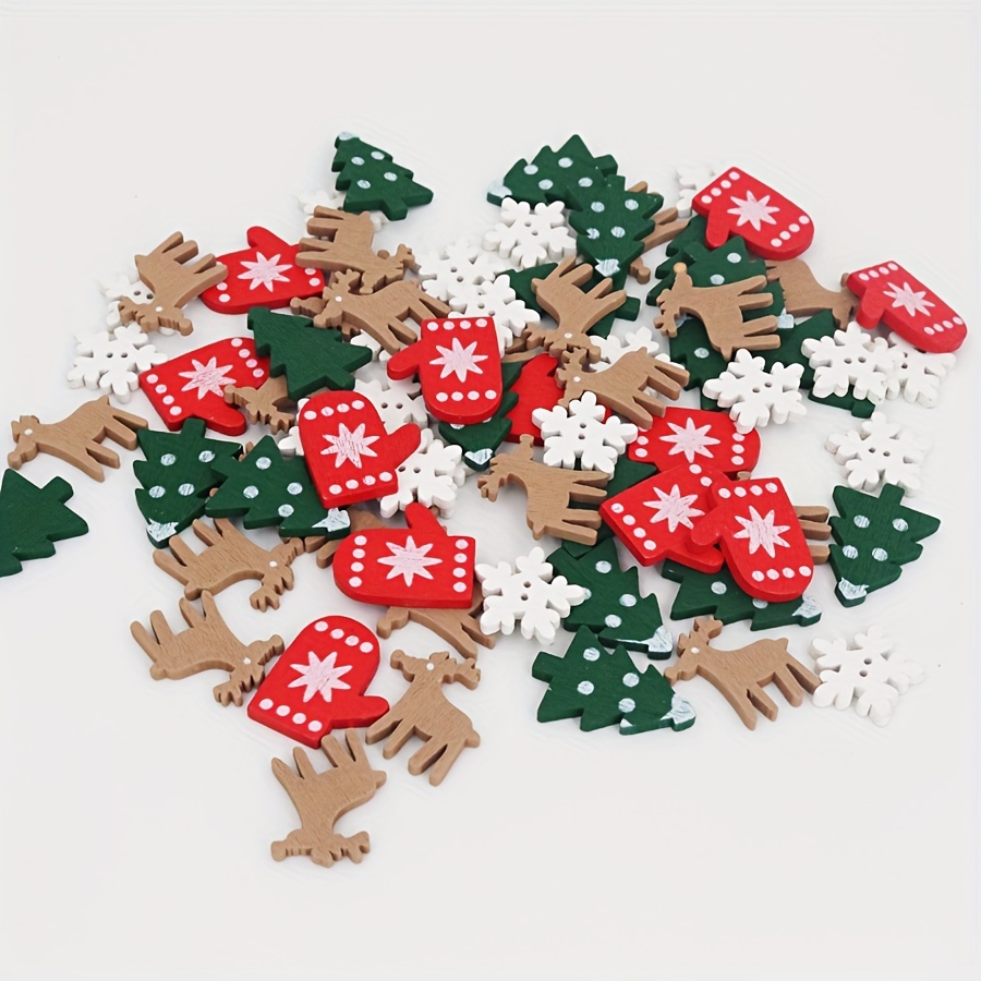 Image of A Set Of 100 Wooden Buttons Featuring Christmas Designs Such As Trees, Snowflakes, And Gloves, Perfect For Projects Like Greeting Cards, Scrapbooking, Headgear Embellishments, And Home Decor