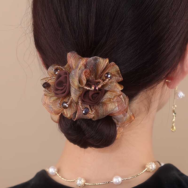 

1pc Elegant Beads Flower Decorative Hair Loop Vintage Elastic Hair Tie Ponytail Holder For Women And Daily Use