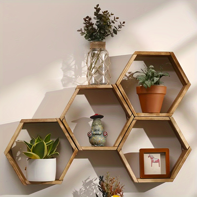 TEMU Vintage Hexagonal Floating Shelf: Wooden Beehive Wall Storage, Suitable For Bedroom, Living Room, Corridor, And Office Decoration