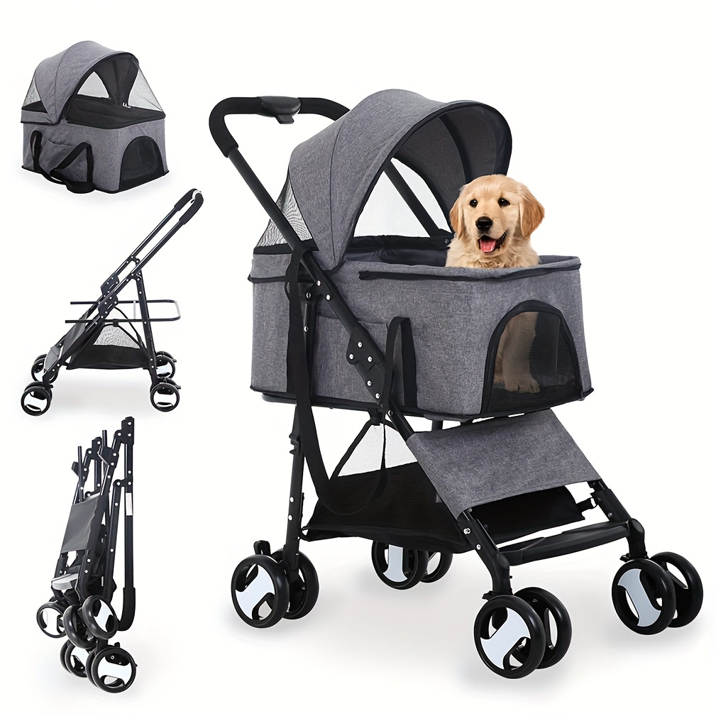 Image of 1pc Foldable Pet Stroller For Dogs Up To 20kg, Alloy Steel & Plastic Lightweight Dog Pram With Detachable Cushion, Safety Leash Hooks, Rain Cover & Zipper - Ideal Gift For Puppies And Cats