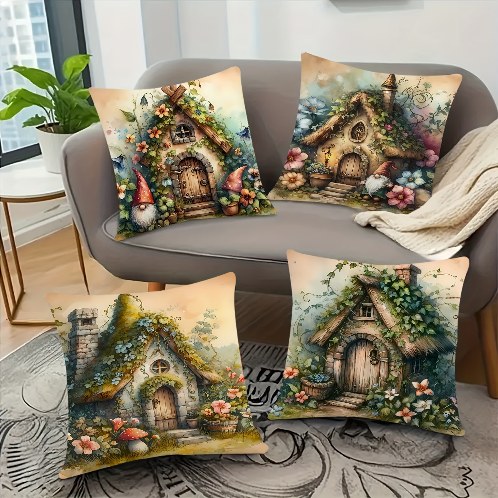 

4pcs Gnome Short Fleece Throw Pillow Covers, 18x18 Inches, Zipper Closure, Machine Washable, Super Fine Fiber, Suitable For Various Room Types