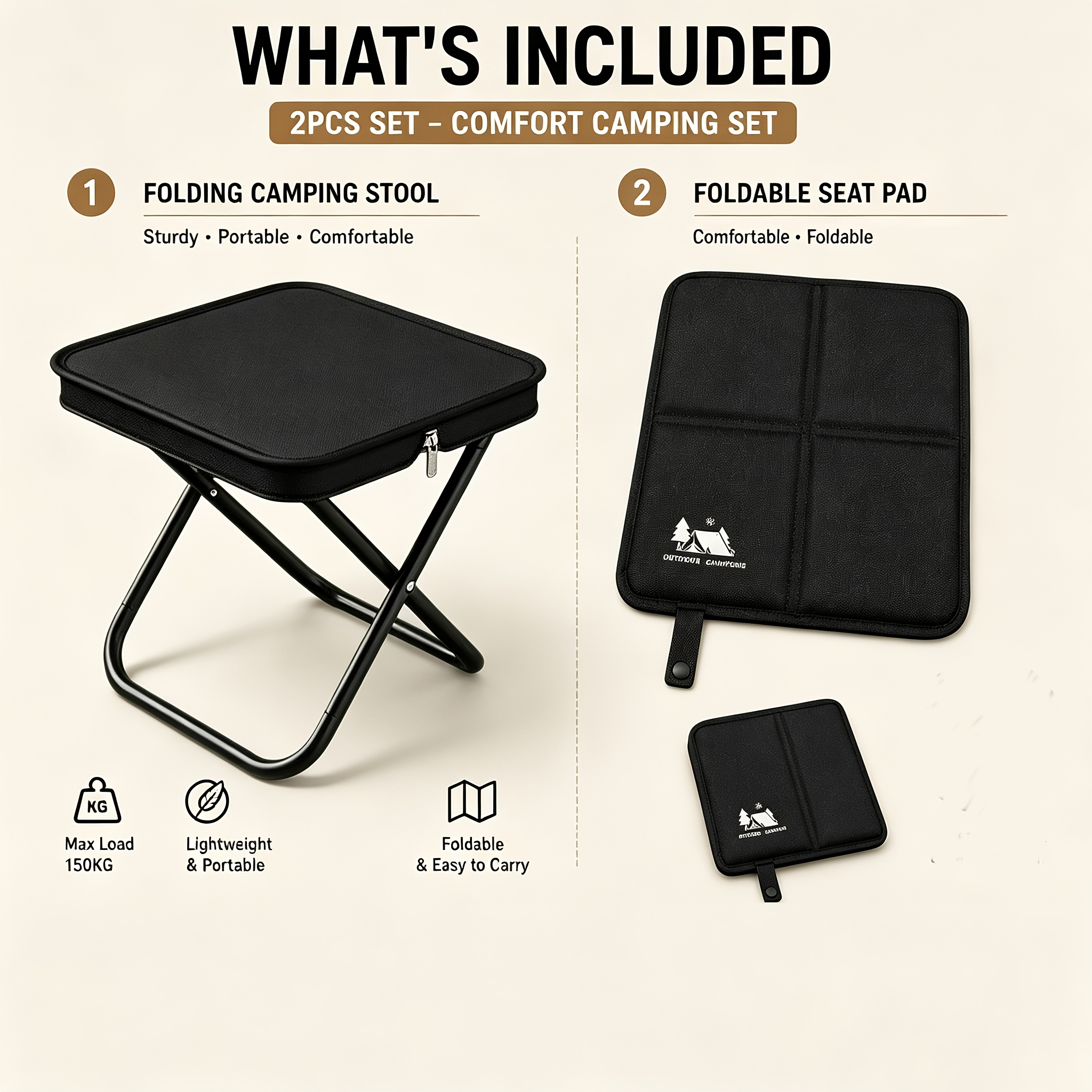 Image of 2pcs Camping Stool Set, Portable Folding Stool With Foldable Seat Pad, Lightweight Outdoor Seat For Camping, Fishing, Hiking, Picnic, Beach & Gardening.
