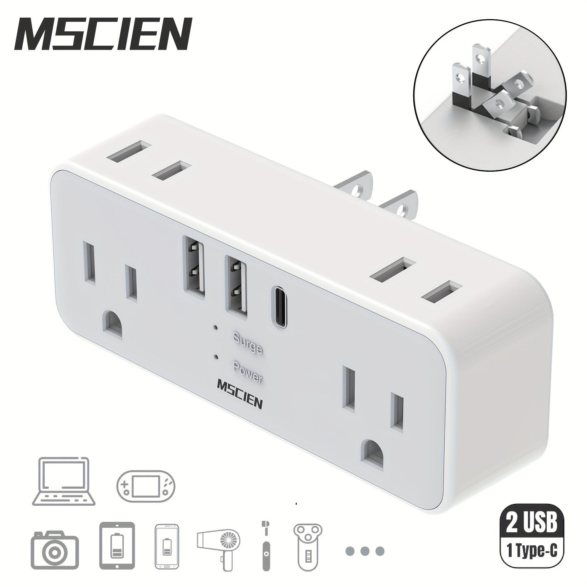 

1pc Us Plug Wall Socket With 2 Usb 1 Type-c Charging Ports, Socket Extension, Protection 6 Outlets Wall Charger With Hidden Plug, Travel Plug Adapter, America Japan China Mexico (type A Plug)