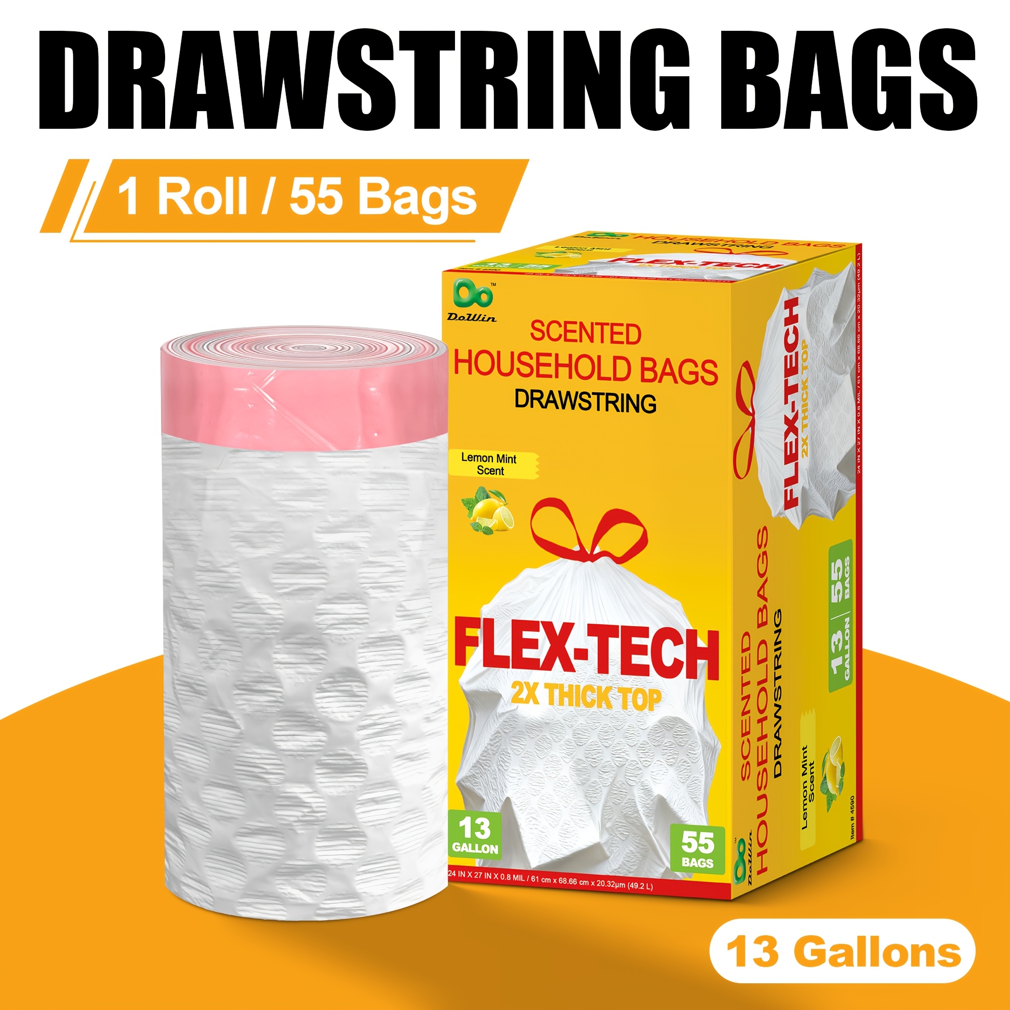13-Gallon Disposable Garbage Bags with Drawstring, Puncture-Resistant, Leak-Proof, Lemon Scent, White – Available in 55, 110, or 165 Count P