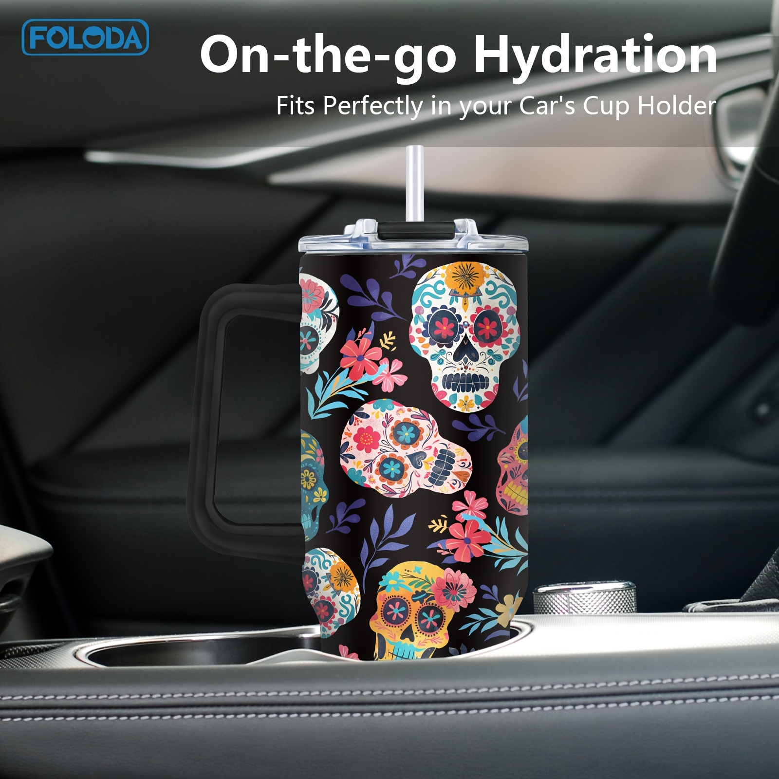 Equoza 40 Oz Stainless Steel Tumbler With Handle & Straw - Sugar Skull Graphic, Vacuum Insulated, Hot/Cold Cup