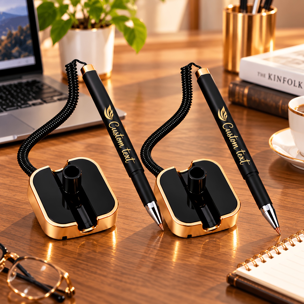 TEMU Custom , Corporate Name, Personal Slogan, Anti-theft Desktop Signature Pen, Fixed Pen For And Bank Counters, Retractable Spring Cord With Golden