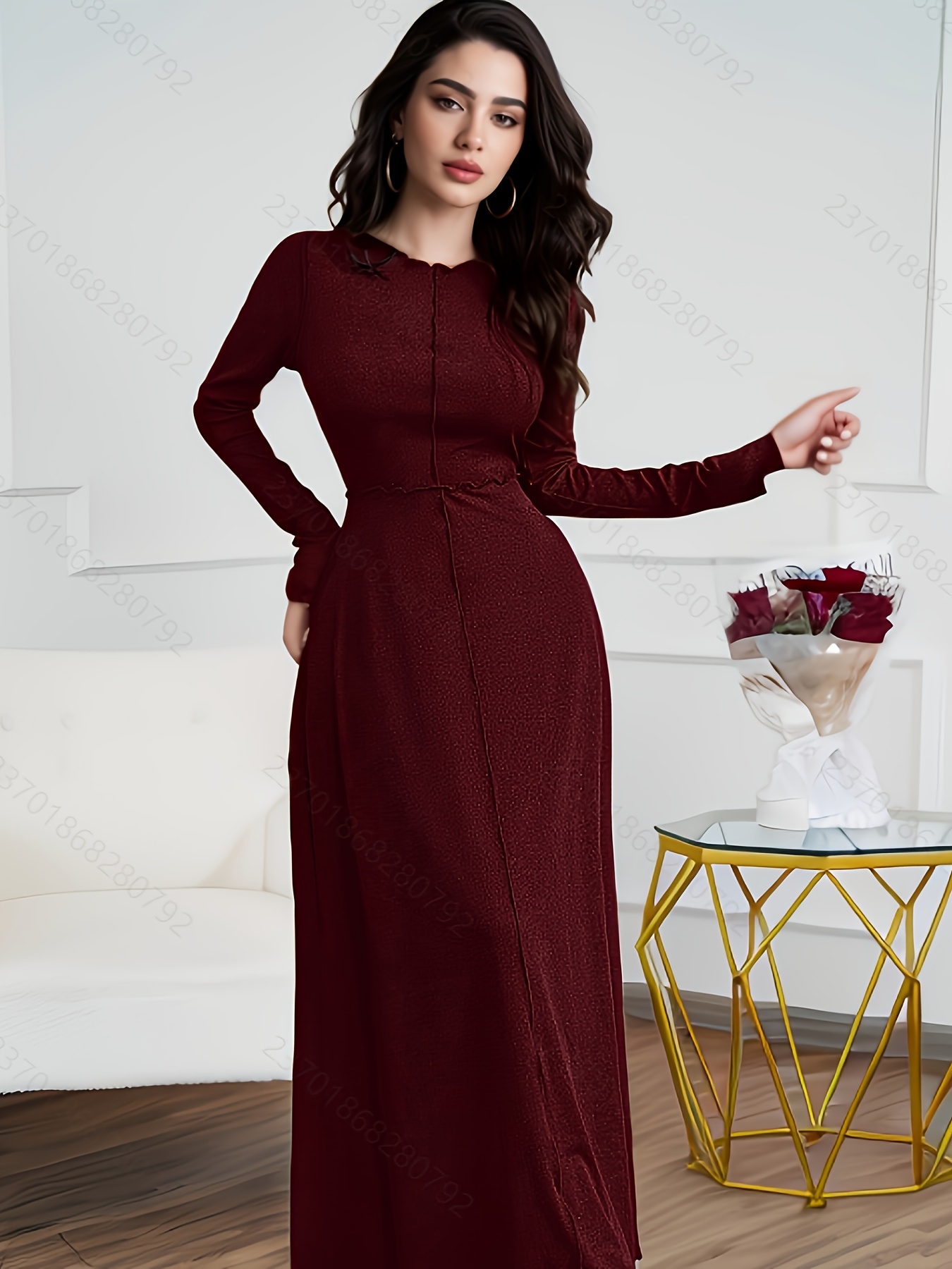 fitted lace wedding dress Burgundy Long Sleeve Maxi Dress with Pockets main image 1
