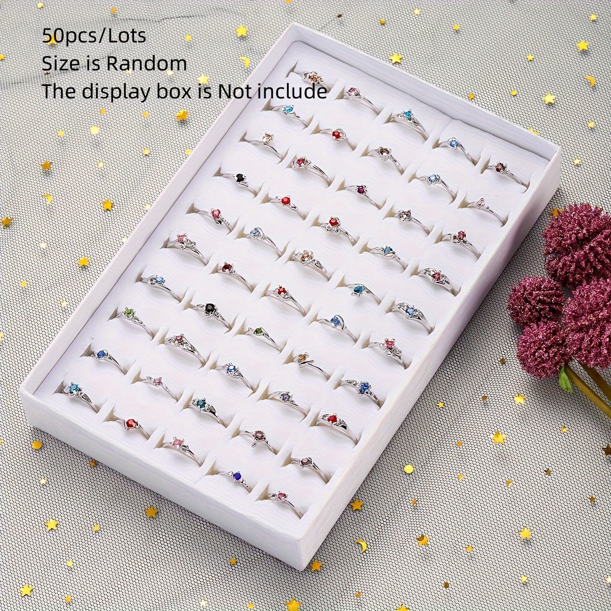 

Wholesale 50pcs Multi Color Rhinestone Rings Silver Color Girls Ring Sweet Women Lover Gift Jewellry Box Is Not Include Size 16-19mm Random