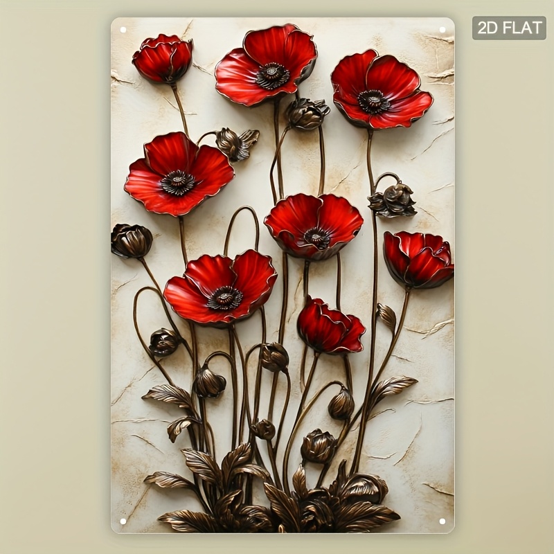 TEMU 2d Flat, 2d Flat 1pc Vintage Inspired Red Poppy Aluminum Wall Art 19.81x29.97cm Aluminum Floral Decor With Vibrant Red Poppies Textured Beige