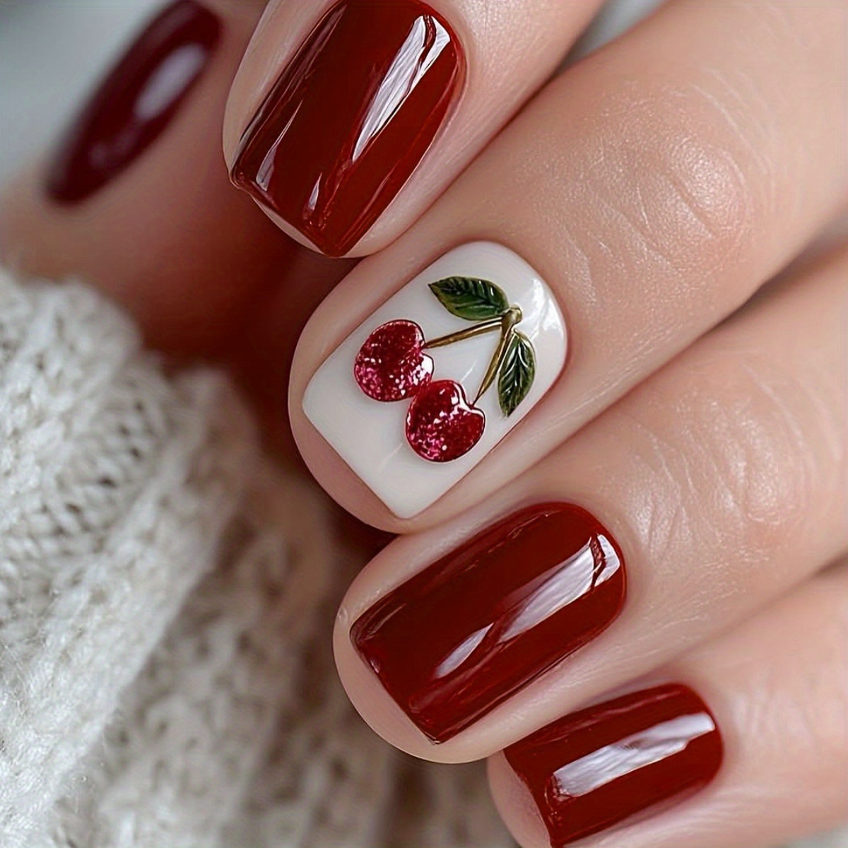 24pcs Short Square Cherry Red Cute Fruit Cherry Pattern Print Full Cover Press-on False Nails, Suitable For Women' And Party Nail Art Decoration