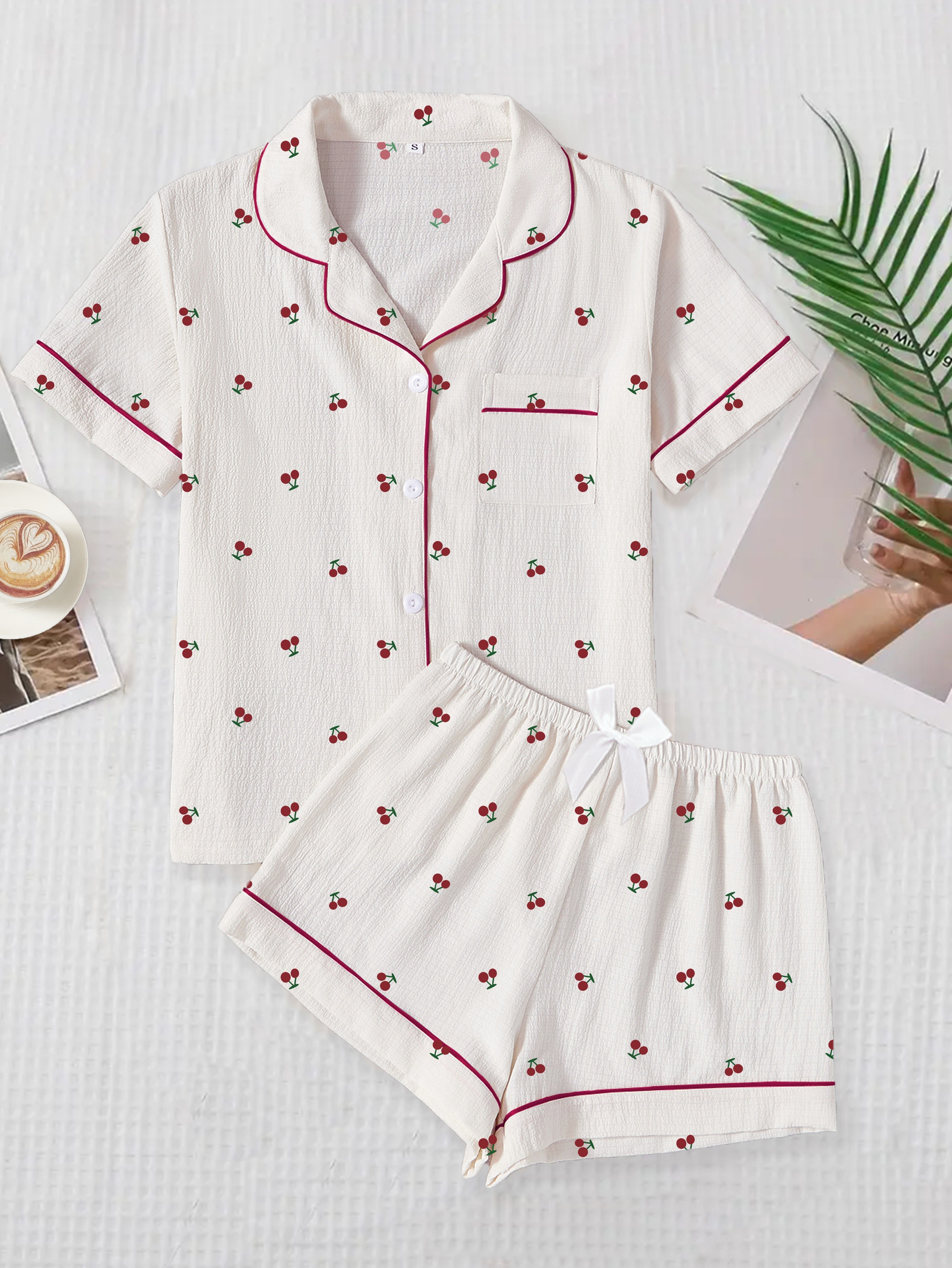 womens cherry print textured sweet pajama set short sleeve Temu