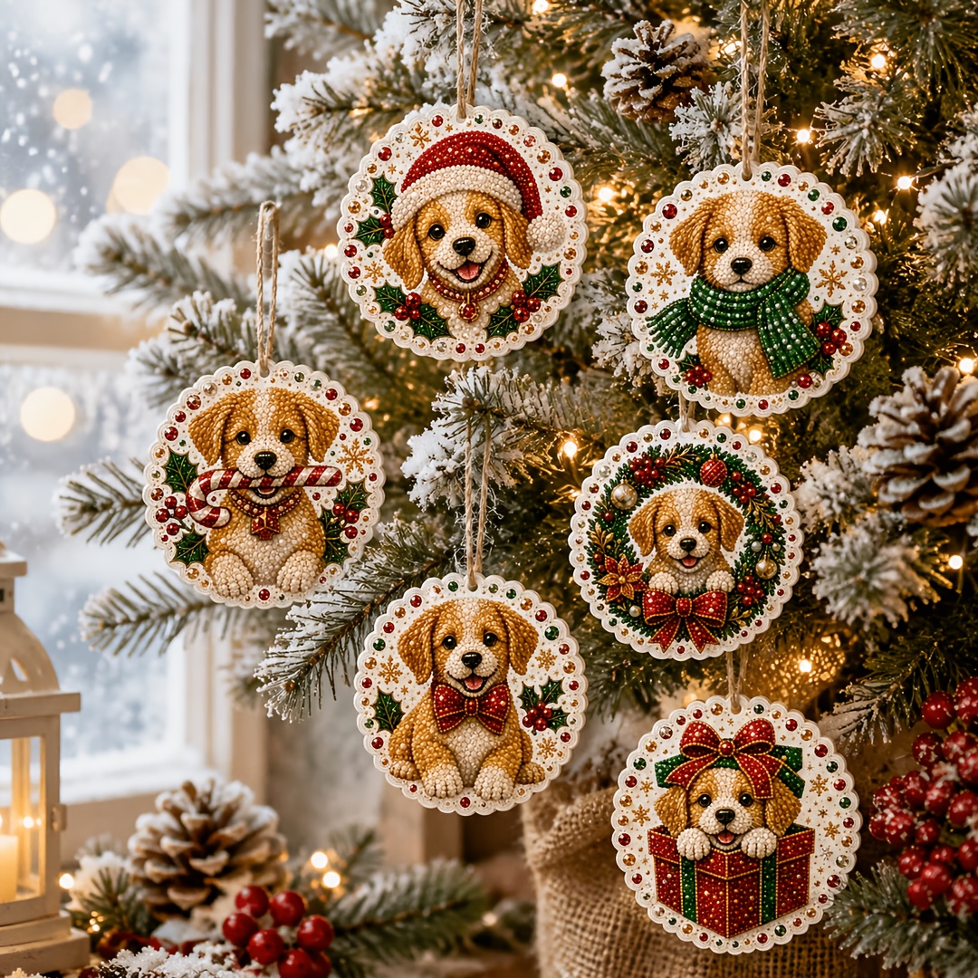 TEMU 6pcs Wooden Diamond Painting Christmas Ornaments Set, Cute Puppy Theme, Round Drill Ornaments, 2d Flat High-definition Printed Christmas Tree