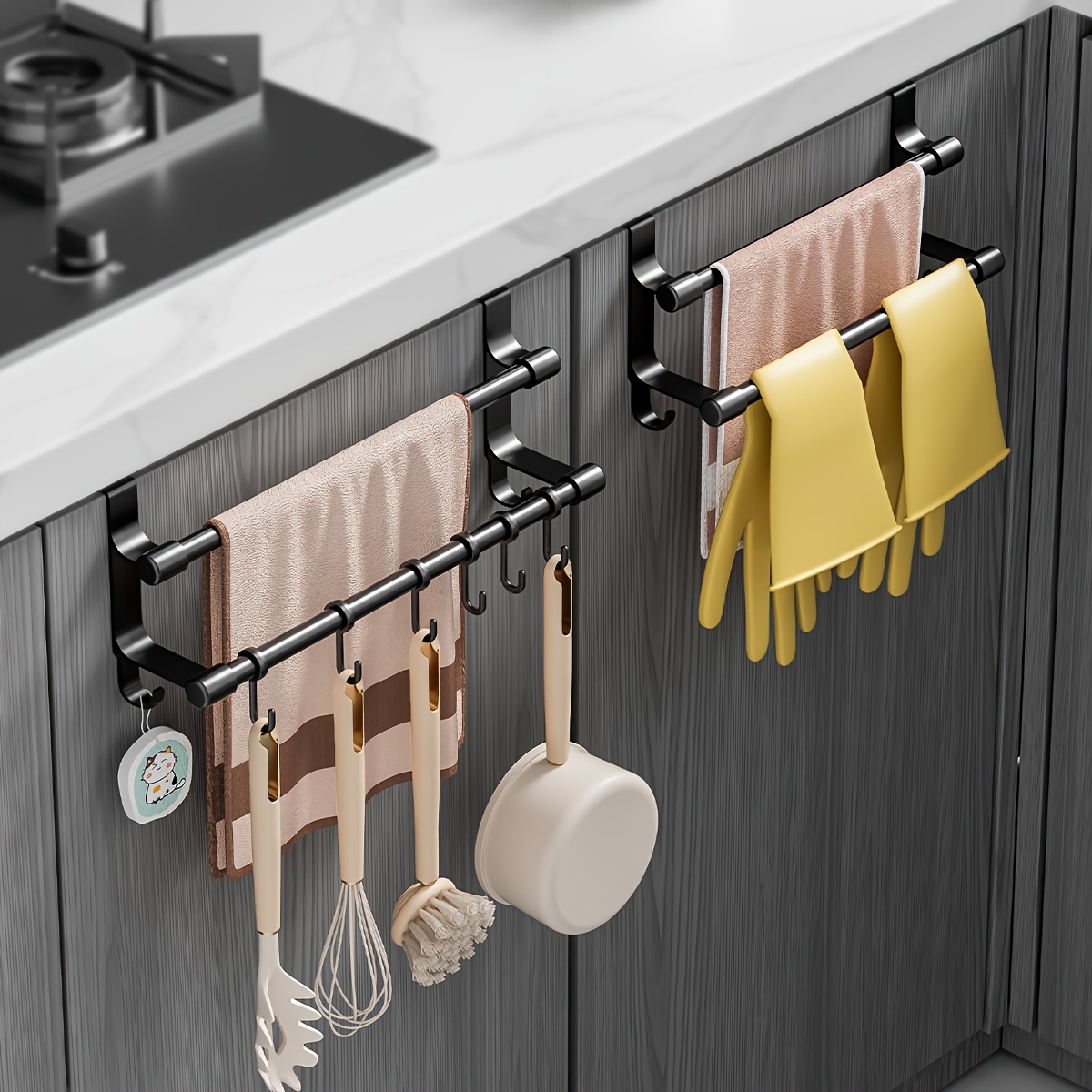 Double-Bar Over-The-Door Kitchen Rack: A Versatile Storage Solution with Hooks, Perfect for Organizing Towels, Spatulas, Spoons, Gloves, And Necessities