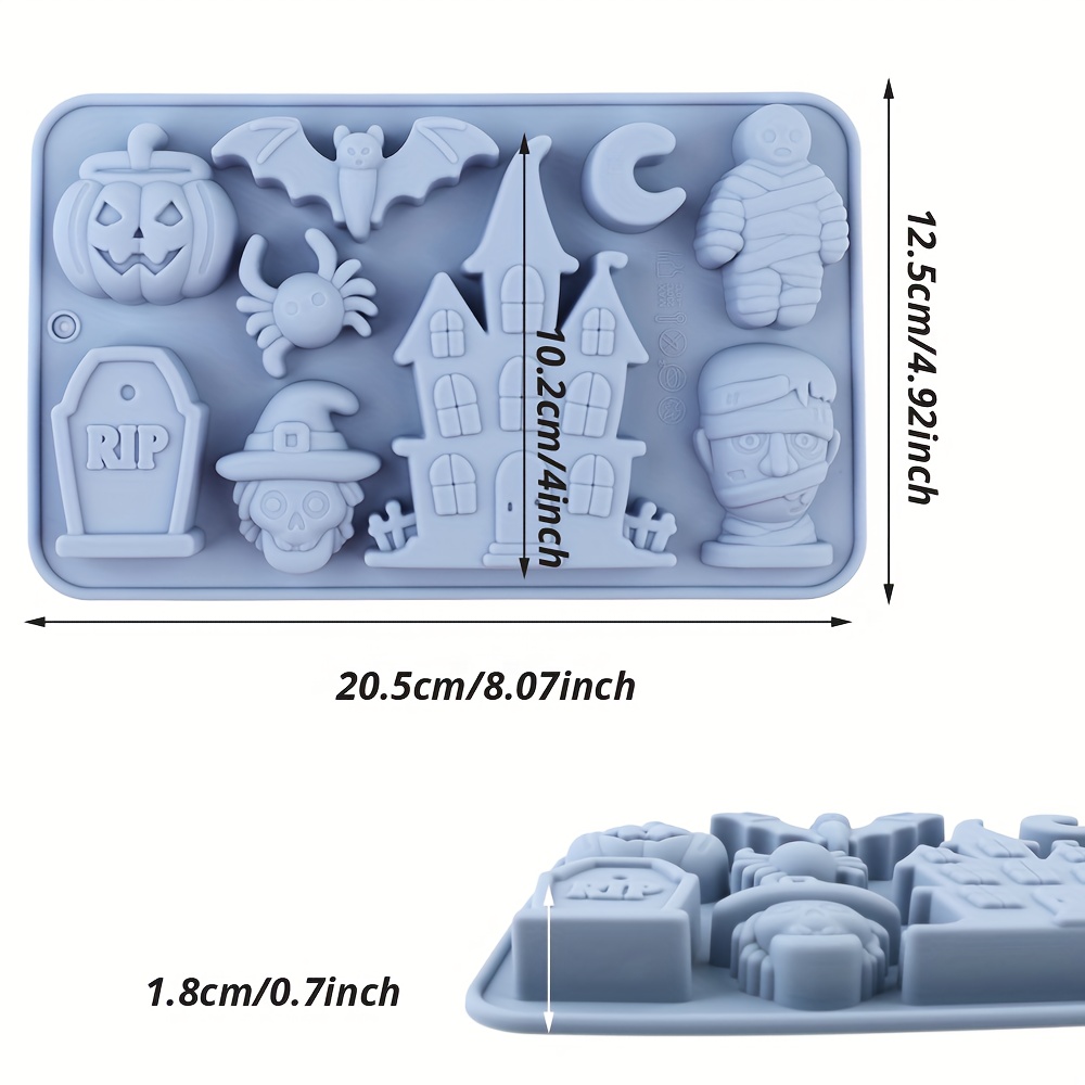 Image of A Silicone Halloween Candy Mold Featuring Halloween-themed Designs Such As Castles, Pumpkins, Zombies, Bats, And Witches, Suitable For Ice, Cake Decorations, Baking Small Cakes, Candles, And More
