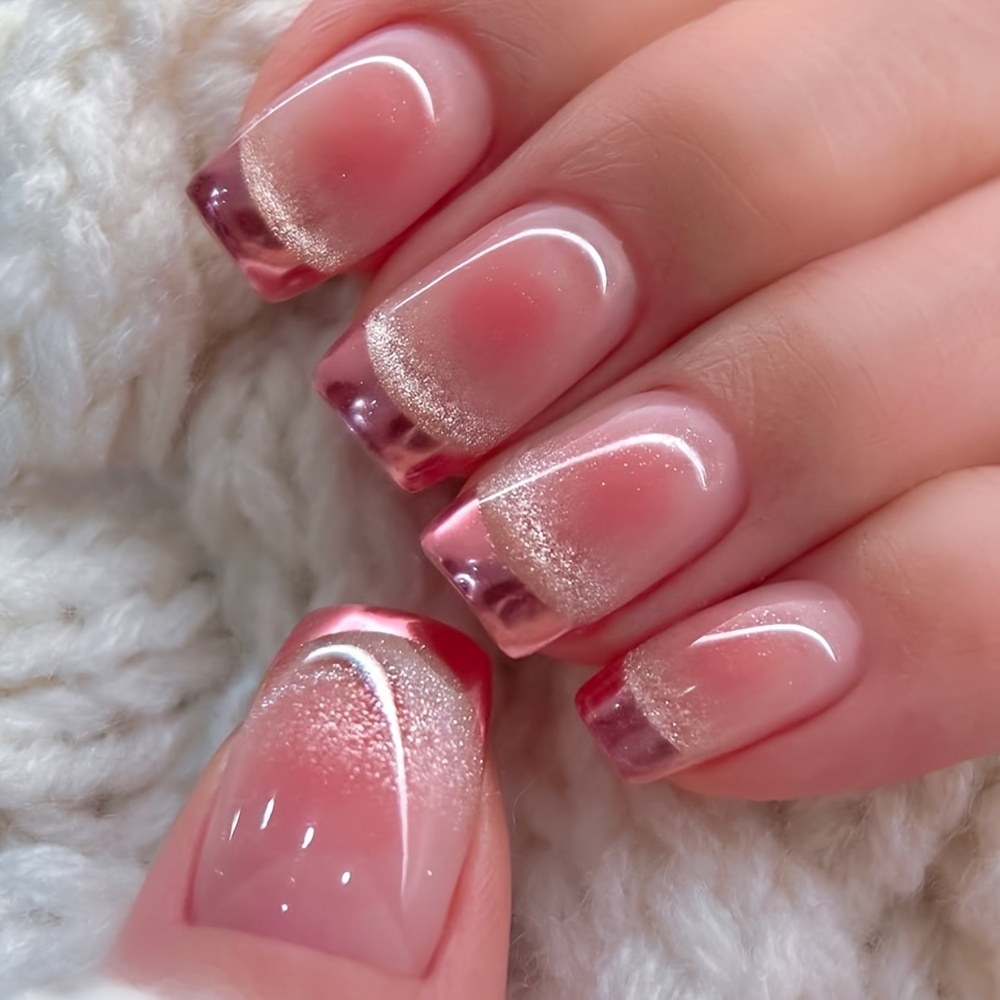 Image of Short Square Y2k -on Nails Suitable For - Sparkling Pink Chrome & Blush Cat Eye False Nails With Pre-made Tips, & Stick Application, Reusable Suitable For Hands And Feet