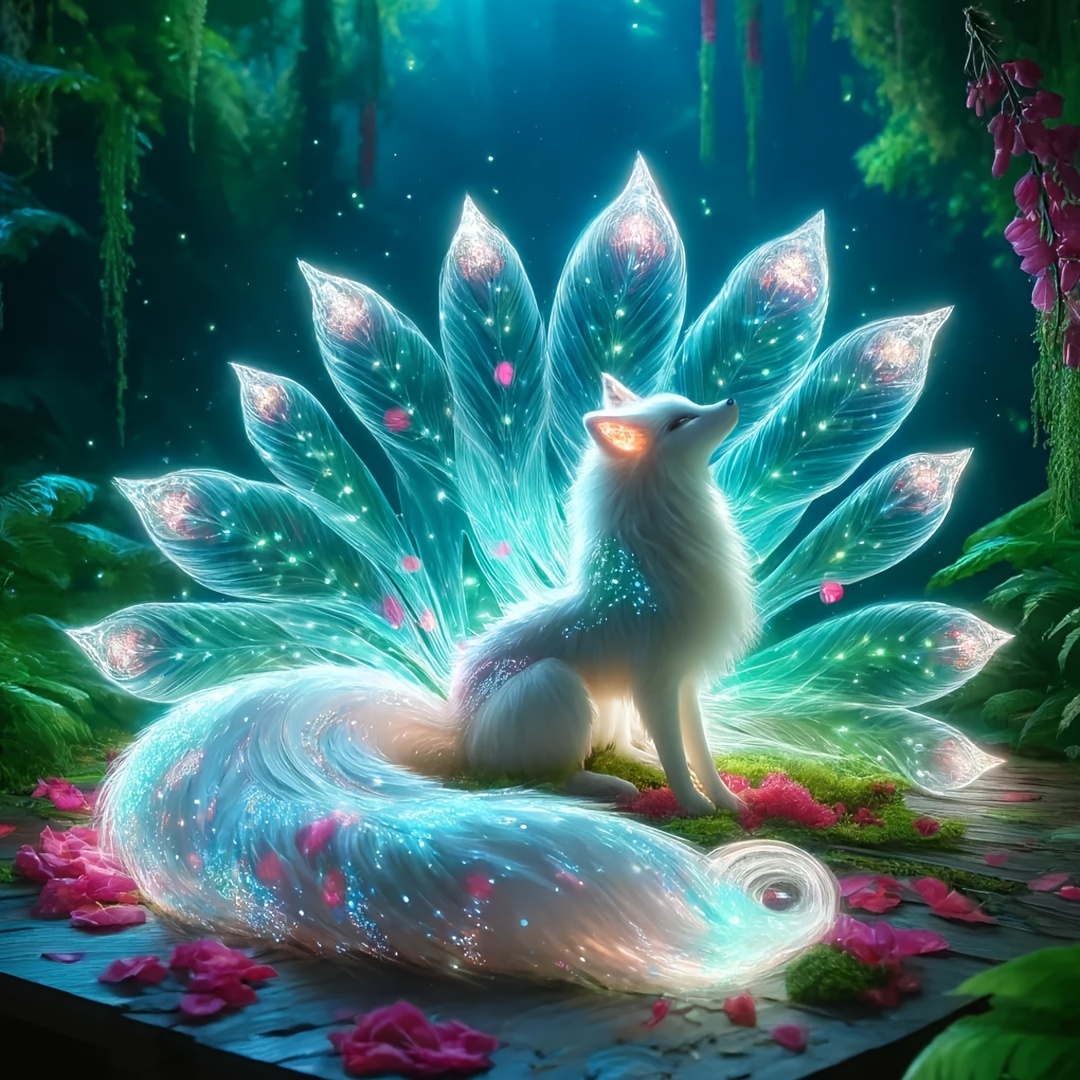 

5d Diamond Painting Kit, Glowing Nine-tailed Fox In Forest, Round Diamond Art Craft For Wall Decor, Animal Theme Diy Canvas Painting Set