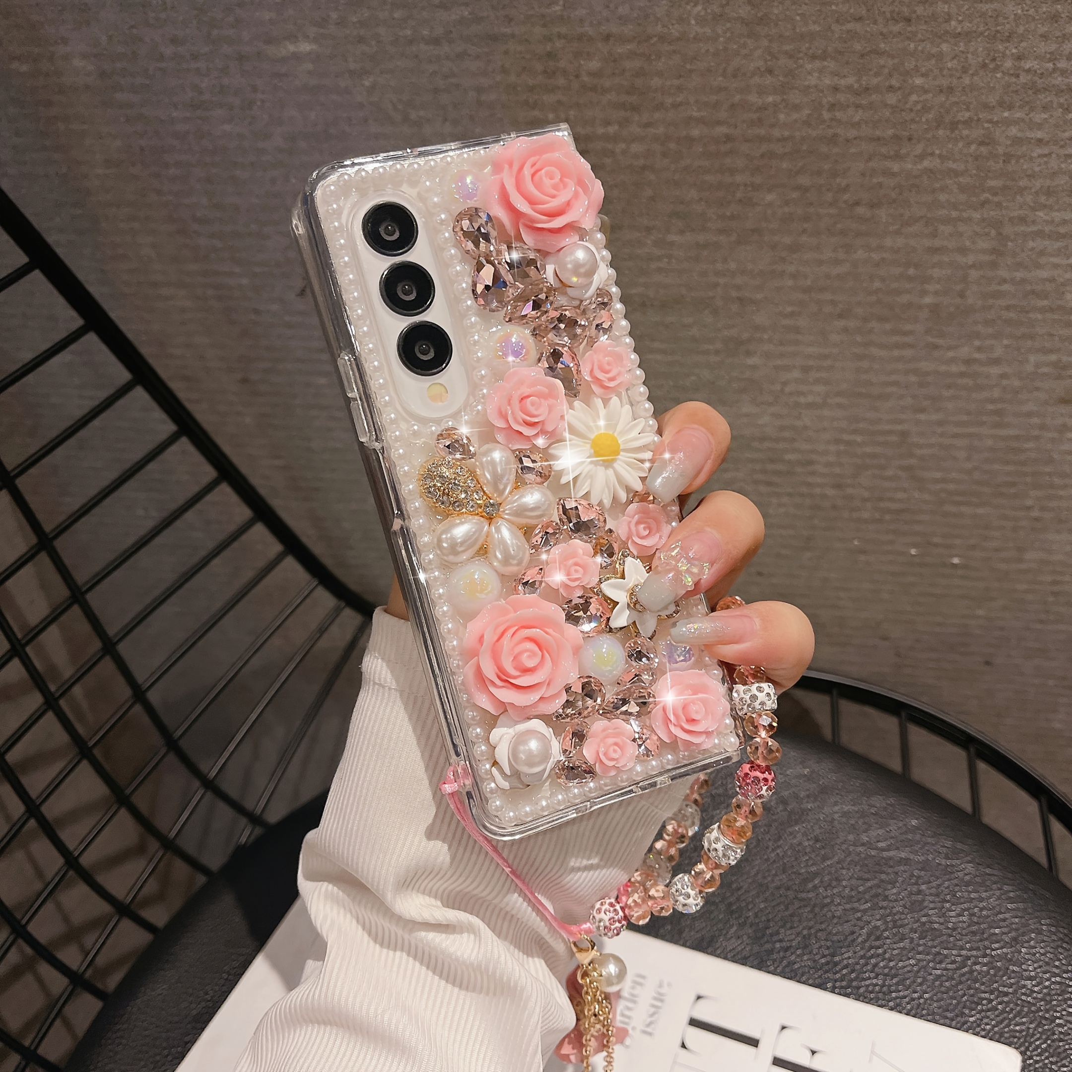 TEMU Phone Case - Full Camellia Handmade Rhinestone Flip Cover With Bracelet For Galaxy Z Fold 3 4 5 6 7, Luxurious Women's Phone Case