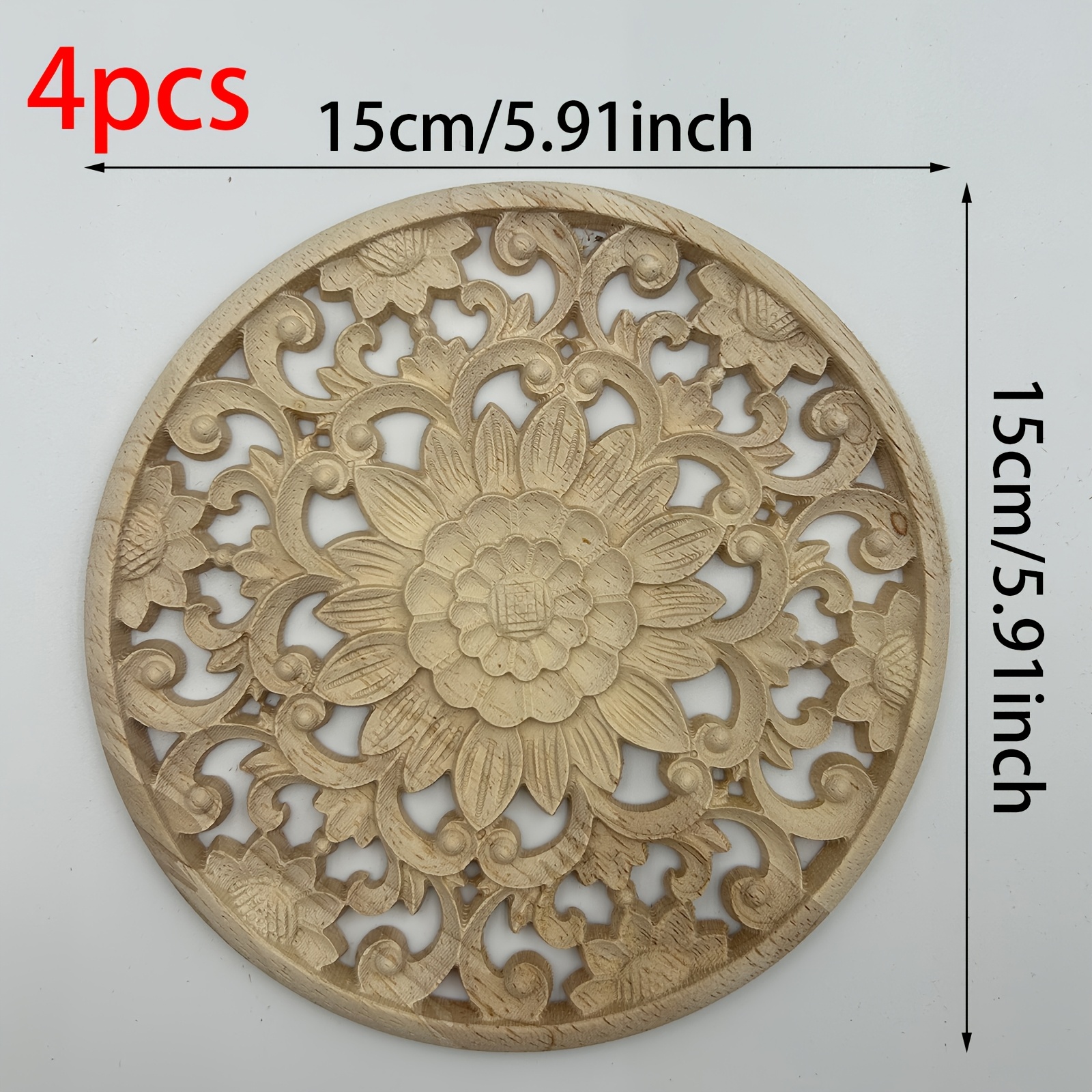 TEMU 4 piezas de madera redonda hueca para puerta, aplique de madera con forma de , tallado de madera, 15 cm/5.91 pulgadas, 20 cm/7.87 pulgadas,
